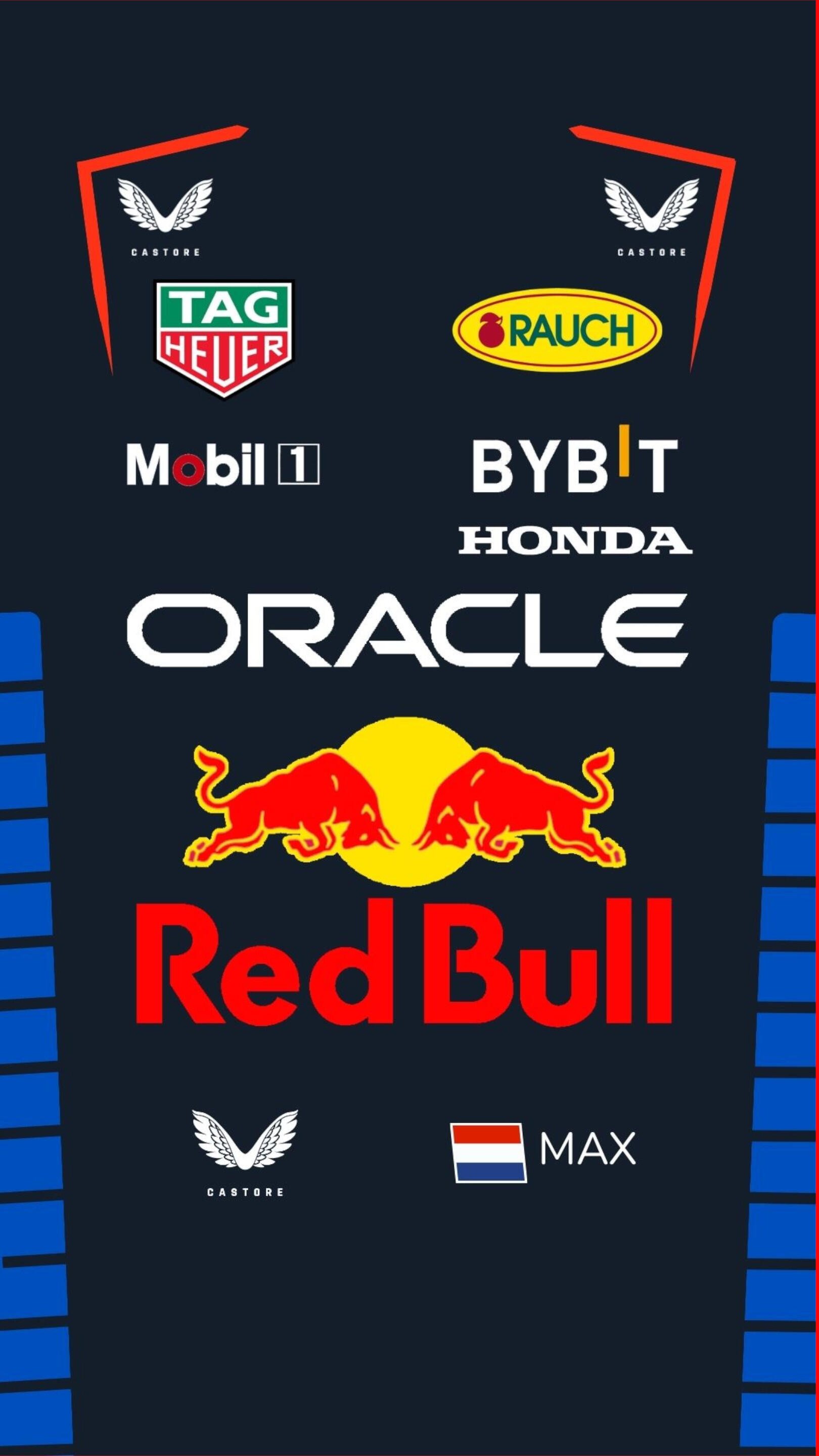Red Bull Racing F1 phone wallpaper showing team and sponsor logos, a Dutch flag and the name MAX across the design.