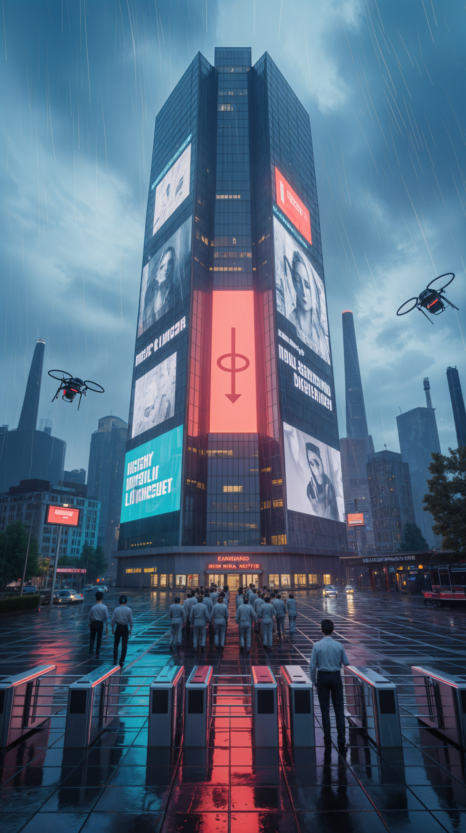 Phone wallpaper of a towering evil corporation skyscraper with glowing logo and billboards, drones hovering overhead and workers queued through turnstiles in a rainy, neon-lit dystopian cityscape.