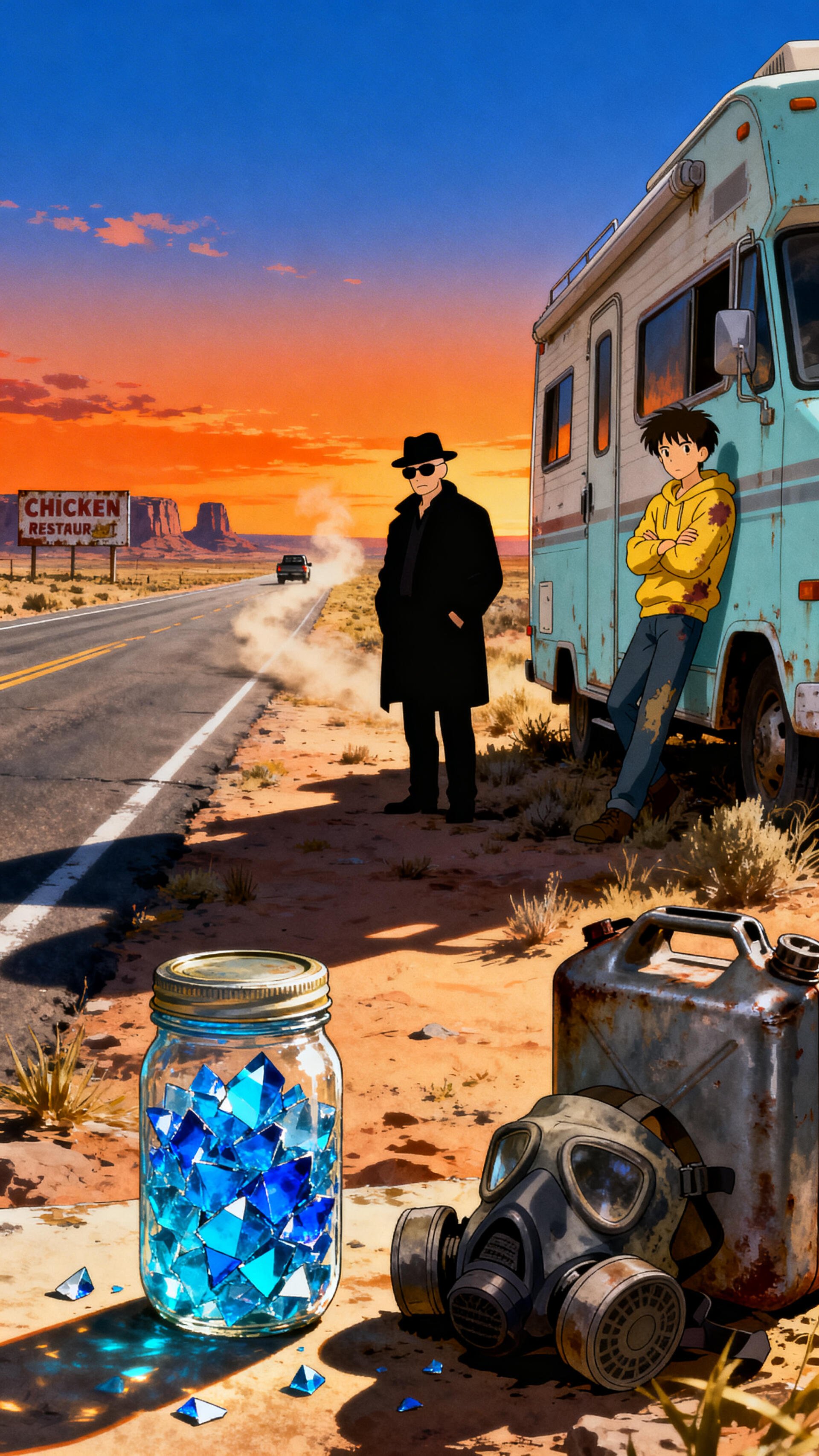Phone wallpaper: Breaking Bad–inspired desert sunset with an RV, Heisenberg in a hat, a young man leaning on the rig, a jar of blue crystals, gas mask and a jerrycan on the sand.