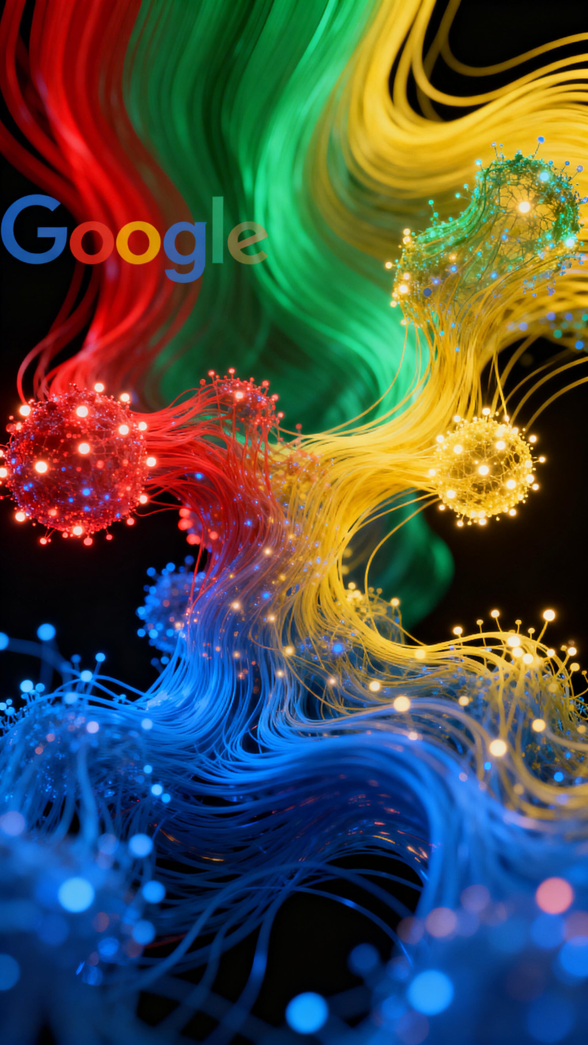 Phone wallpaper showing abstract fiber‑optic swirls and glowing orbs in Google colors, with the Google logo in the upper left.