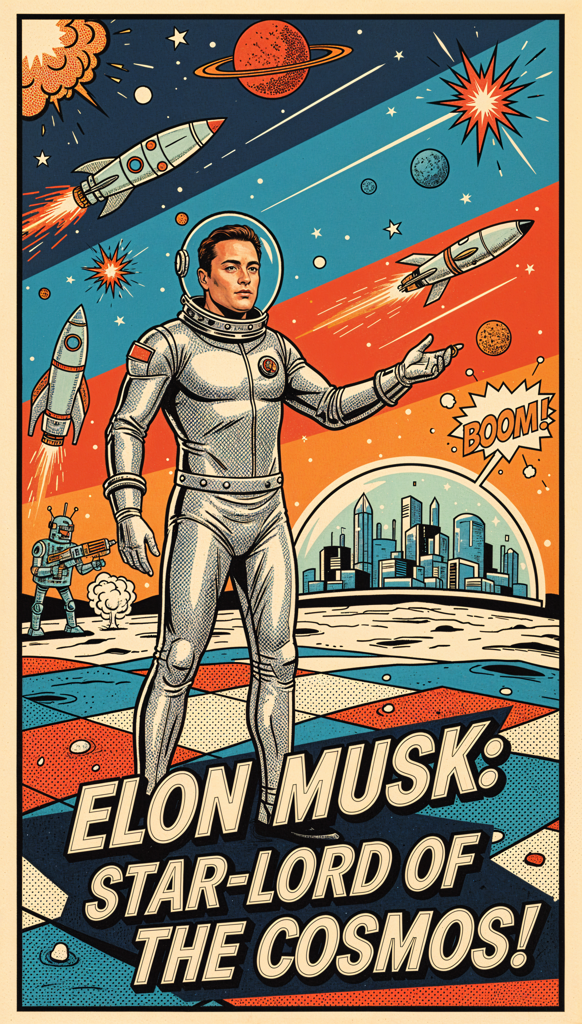 Retro comic-style phone wallpaper of a man in a spacesuit standing amid rockets, planets and a domed city, with bold comic caption STAR-LORD OF THE COSMOS!