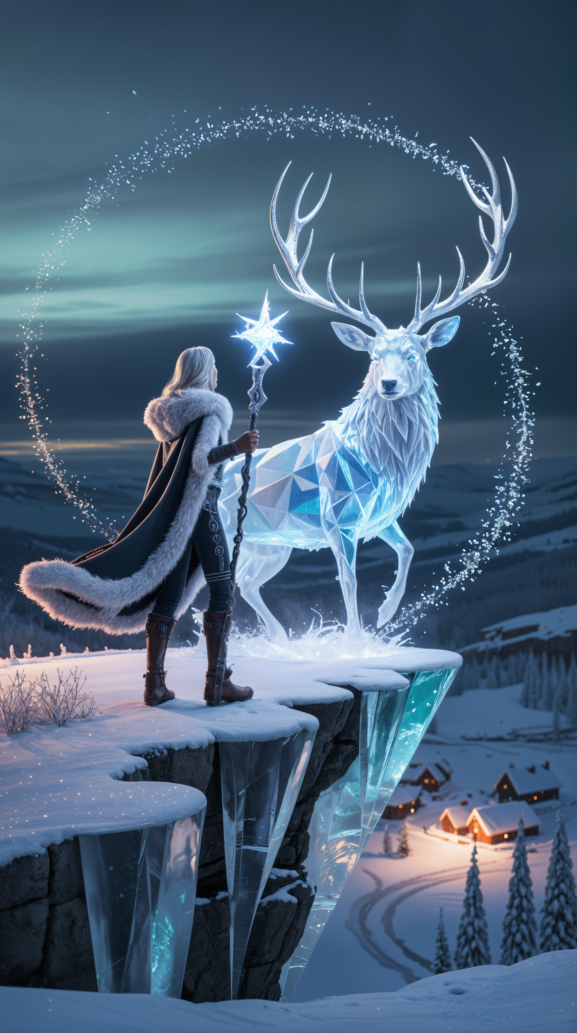 Phone wallpaper showing a cloaked figure with a glowing staff summoning a crystalline stag of ice inside a ring of sparkling ice magic on a snowy cliff above a lit village.