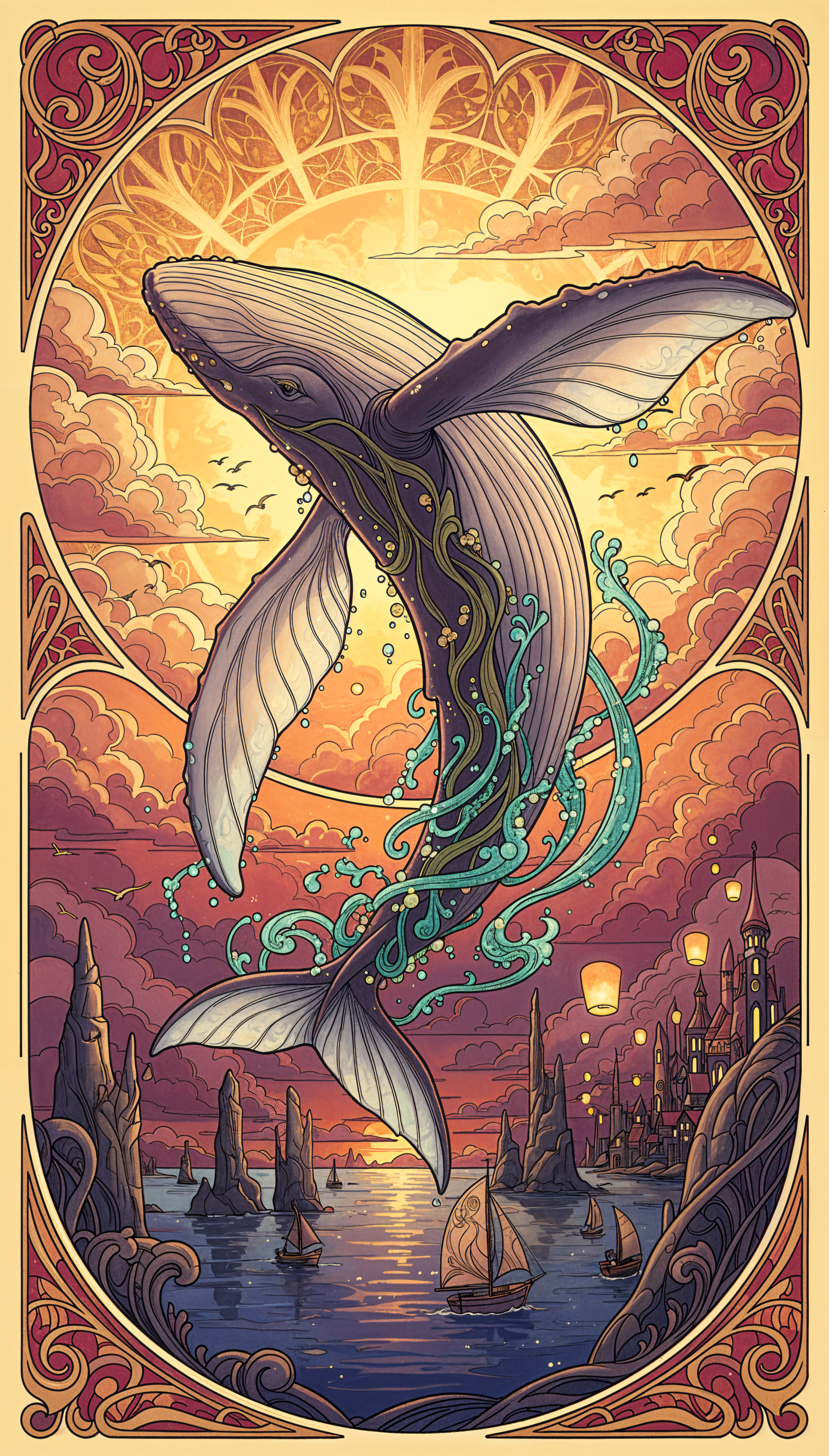 Phone wallpaper: ornate art nouveau scene of a giant flying whale soaring above a lantern-lit coastal town at sunset, turquoise splashes trailing as sailboats drift below.