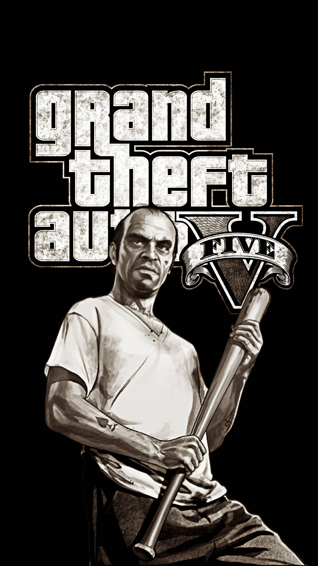 Phone wallpaper with Grand Theft Auto title and Grand Theft Auto V logo, featuring Trevor gripping a baseball bat in gritty monochrome artwork.