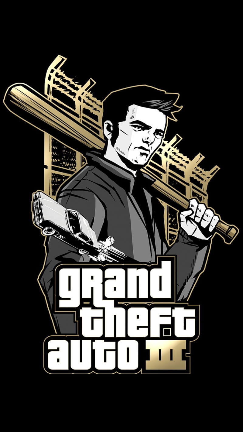 Black & white Grand Theft Auto III phone wallpaper showing Grand Theft Auto branding: stylized protagonist with a baseball bat, a crashing car and a barbed‑wire fence background.