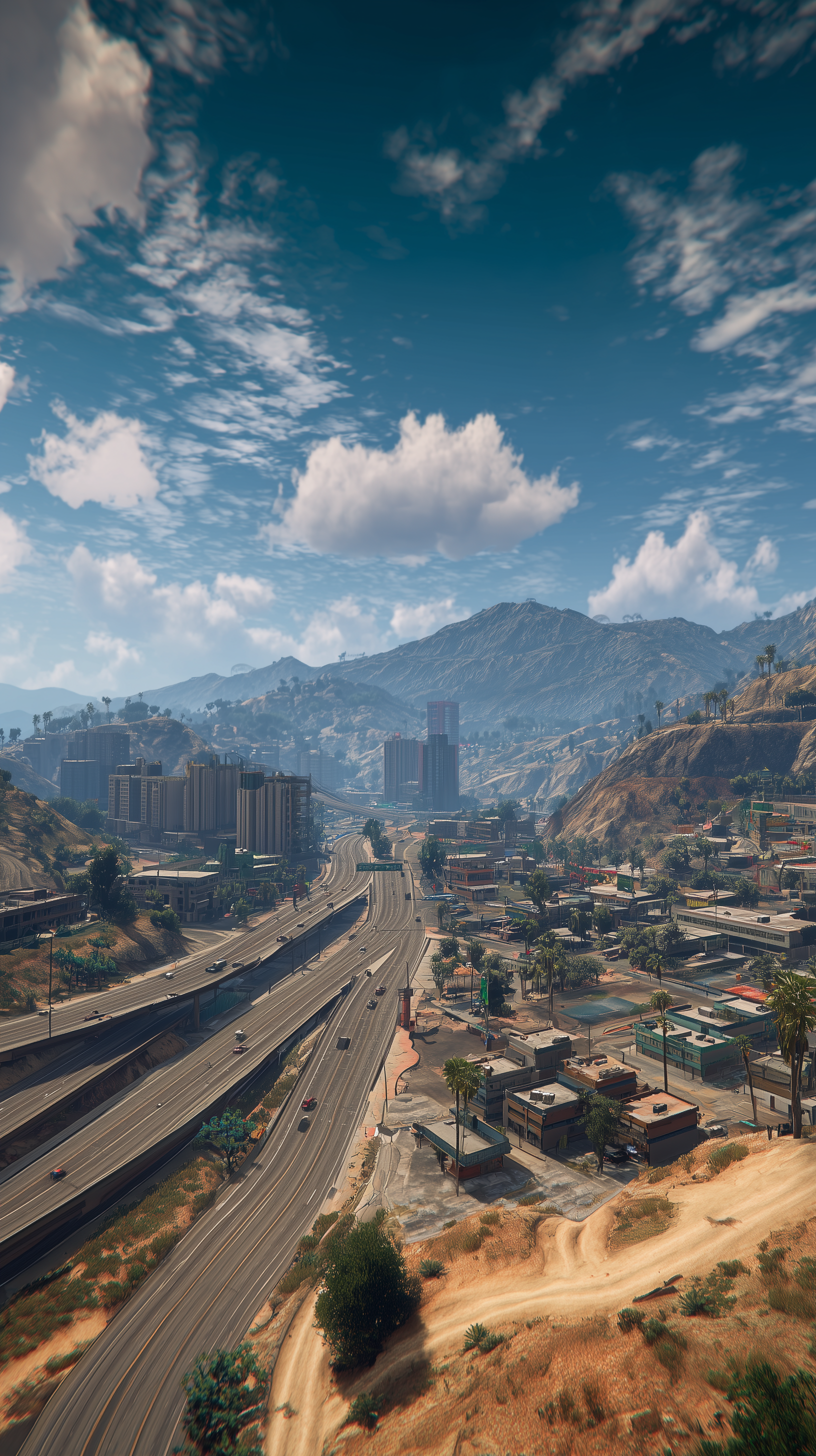 Grand Theft Auto, Grand Theft Auto V phone wallpaper: sprawling cityscape with a freeway cutting through sunlit desert hills toward a distant skyline under a bright, cloud-streaked blue sky.