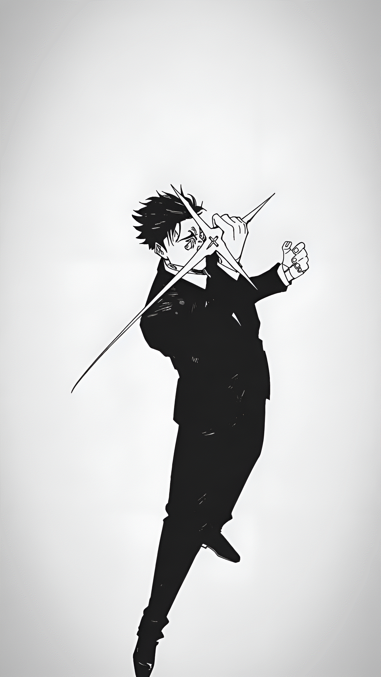Monochrome manga phone wallpaper of Hiromi Higuruma (Jujutsu Kaisen), full-body mid-action pose with crossed blades on a minimal gradient background.