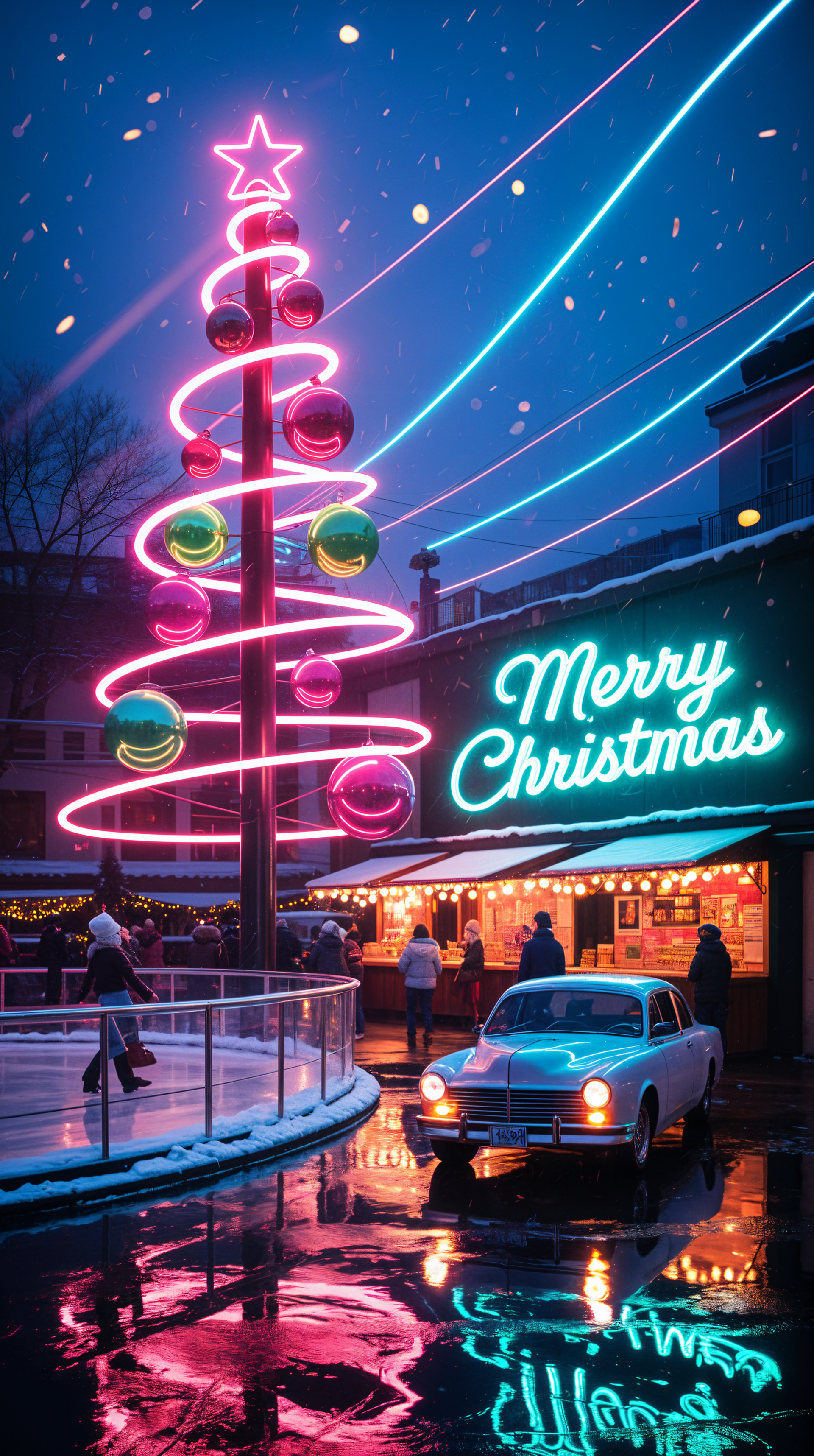 Neon Christmas phone wallpaper: glowing pink spiral tree with neon ornaments, Merry Christmas sign above a snowy market, vintage car and colorful reflections on wet pavement.