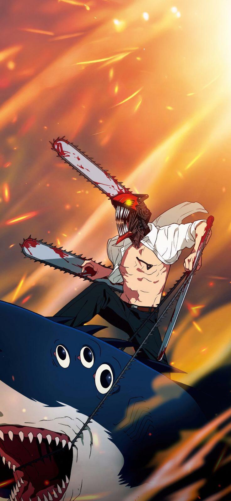 Phone wallpaper: Denji as Chainsaw Man riding Beam the shark, wielding dual chainsaws amid sparks and a blazing sky.