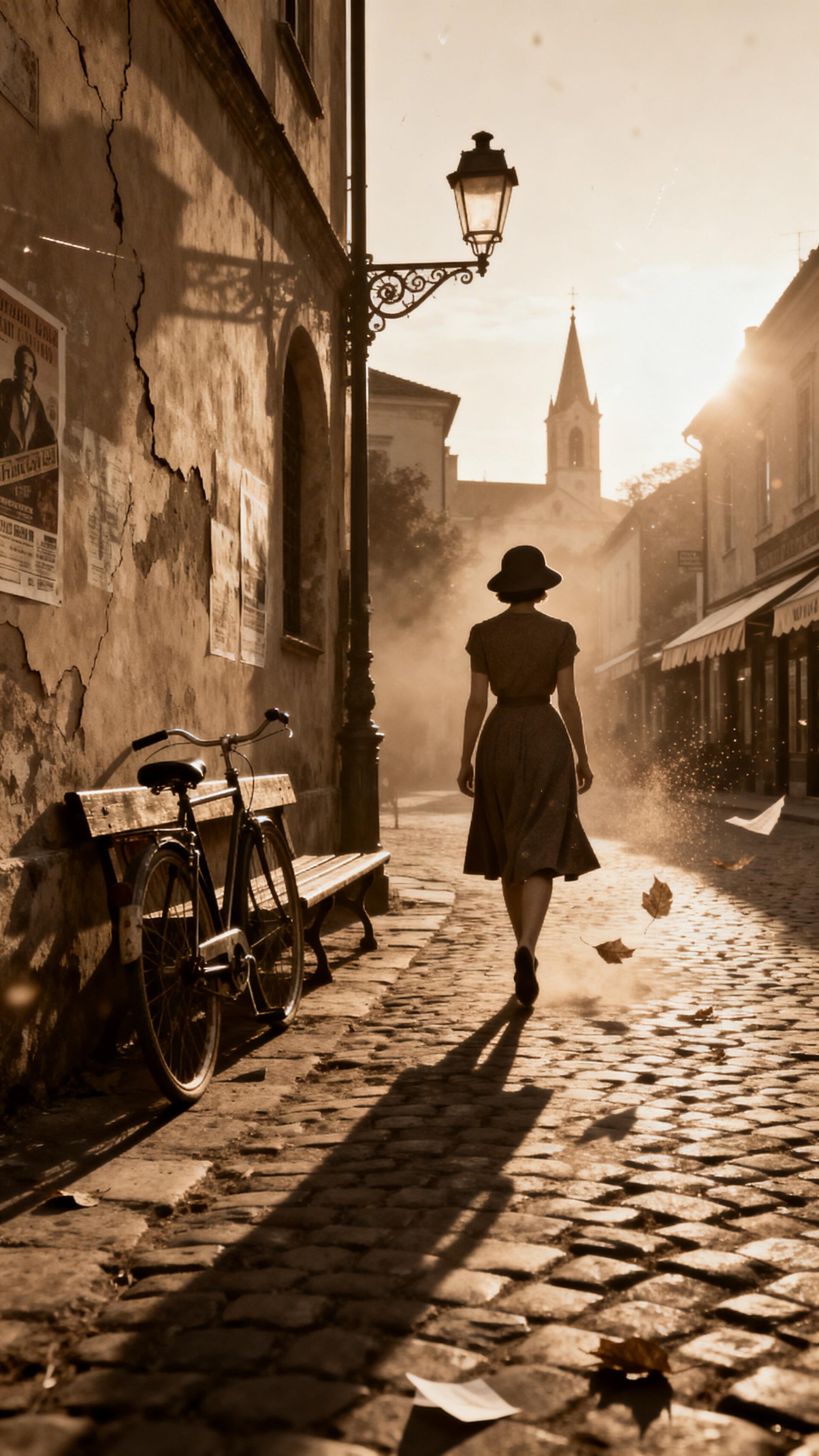 Sepia phone wallpaper: a person in a hat walks away on a sunlit cobblestone street, long shadow cast, bicycle and bench at left, ornate streetlamp and church spire in the misty distance.
