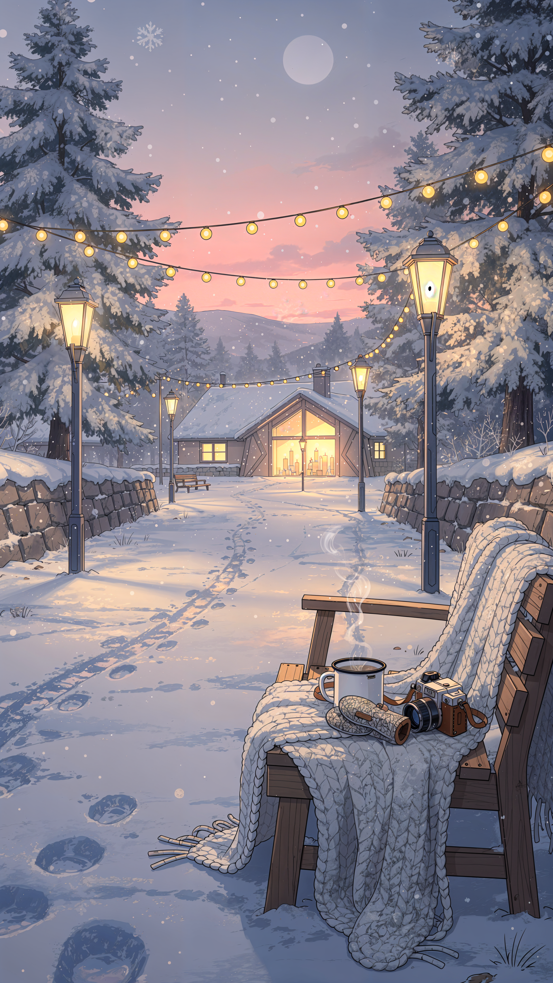 Aesthetic winter phone wallpaper: snowy path between pine trees, warm string lights and lampposts, a knit-draped bench with a steaming mug, footprints leading to a glowing cabin.