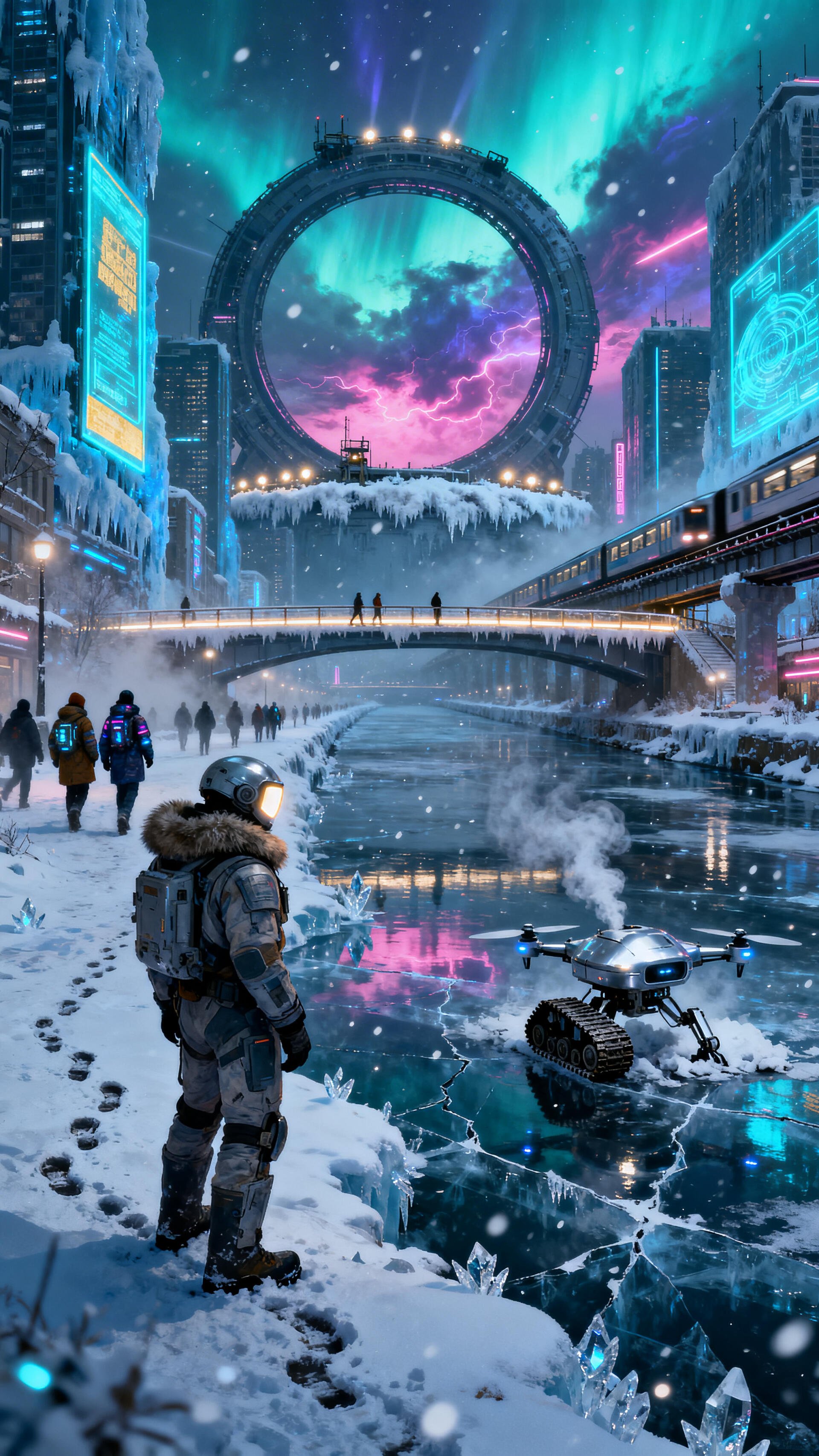 Sci-fi winter phone wallpaper: astronaut and robotic rover by a frozen neon river, icy futuristic city with train, ringed portal and pink-green aurora overhead.