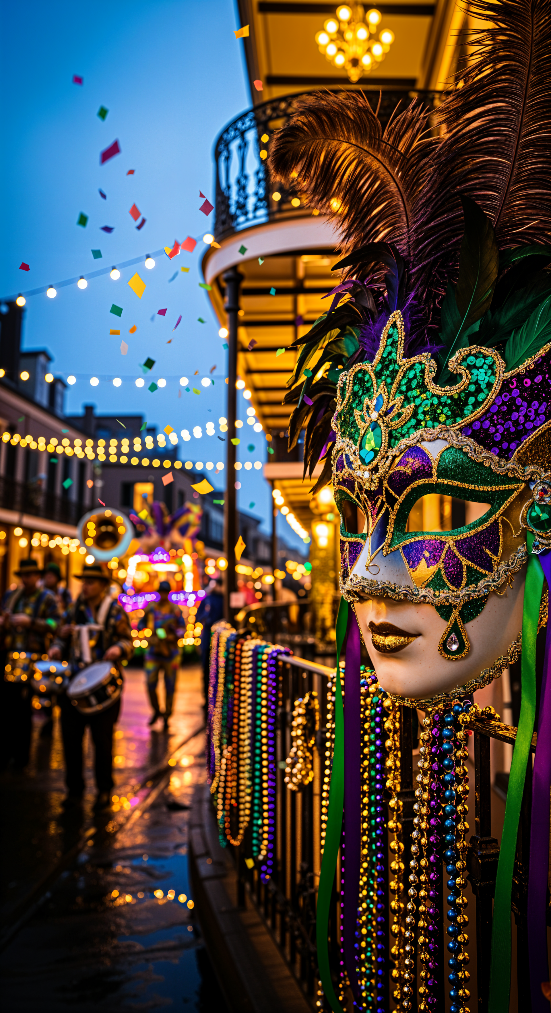 Phone wallpaper showing a vibrant Mardi Gras mask with feathers and beads in sharp focus, blurred nighttime parade, string lights and falling confetti in the background.
