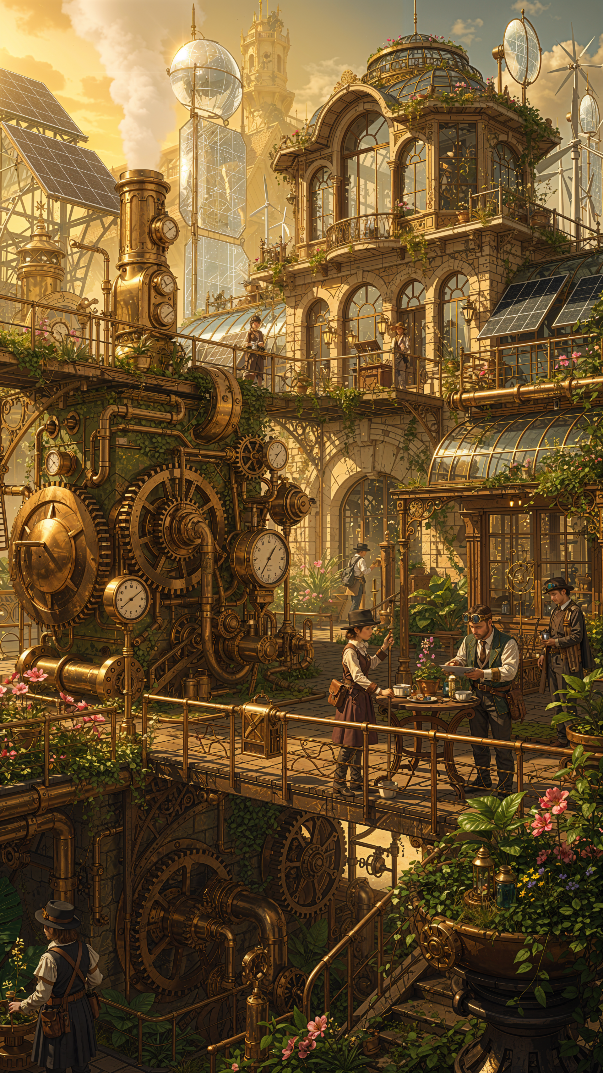 Solarpunk phone wallpaper: sunlit vertical city of glass greenhouses, solar panels and ornate gears woven with vines; people dining on suspended walkways.