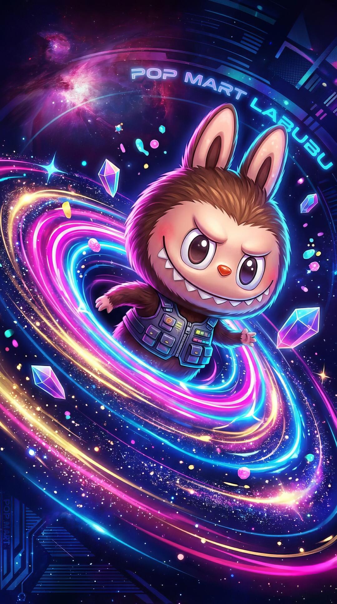 Phone wallpaper of Labubu, a bunny-like character in a spacesuit spiraling through neon cosmic rings with sparkles and floating crystals.