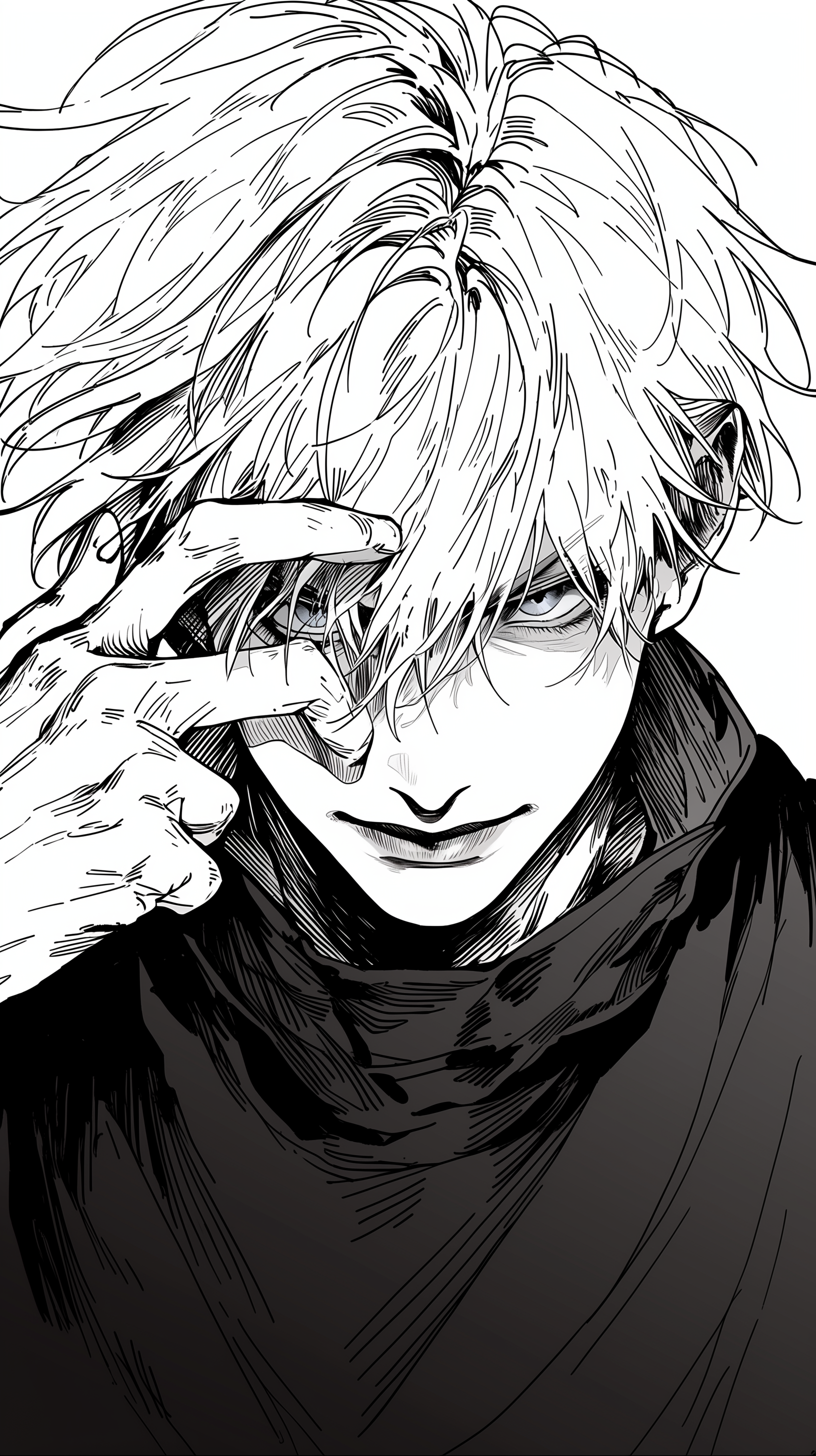 Black-and-white manga phone wallpaper of Satoru Gojo (Jujutsu Kaisen), close-up with tousled white hair, hand near his eye and a piercing, sly gaze.