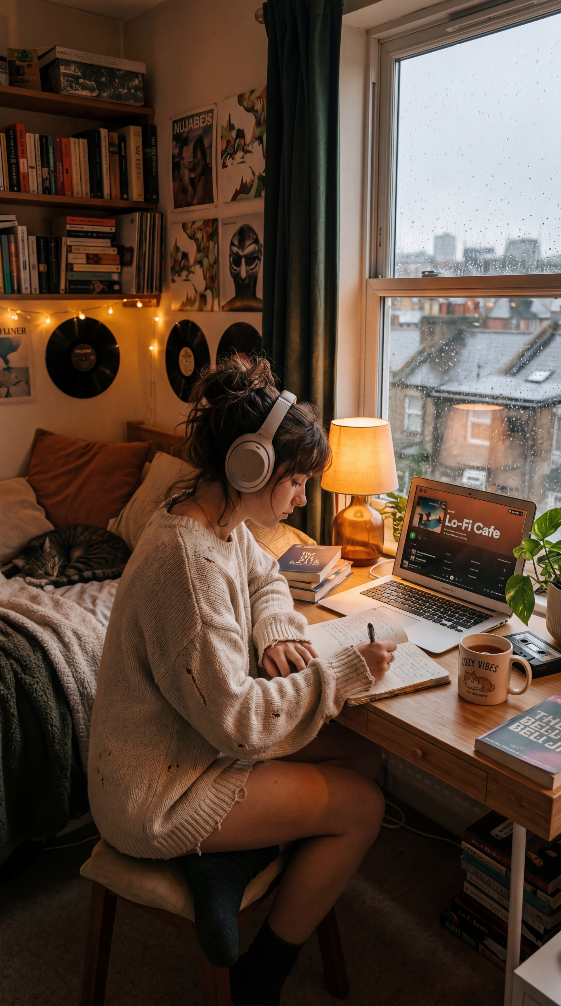 Phone wallpaper of a woman in headphones writing at a cozy desk, lofi music on a laptop, rain outside the window, warm lamp glow, books and vinyl creating a relaxed, study-ready vibe.