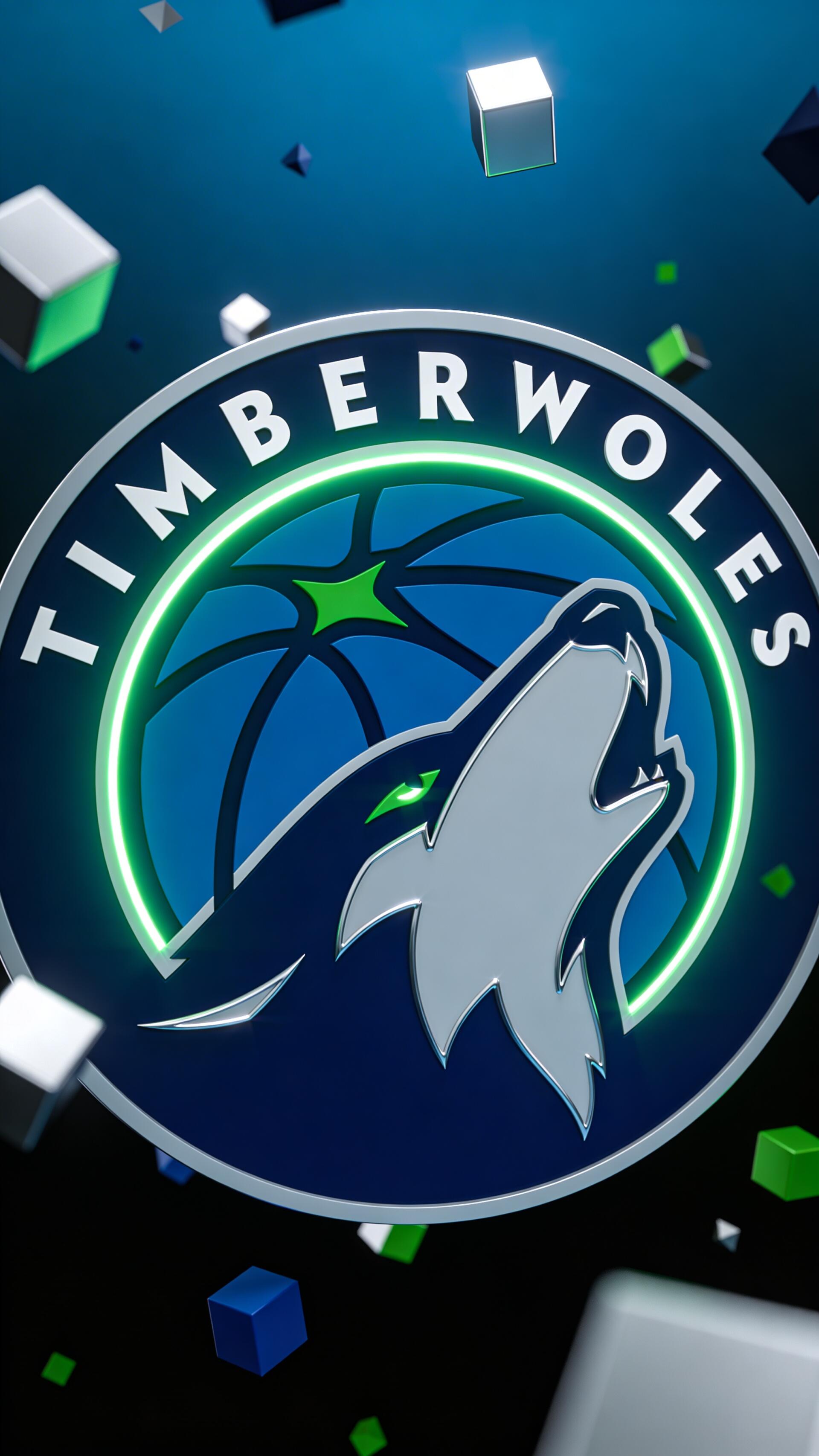 Phone wallpaper of the Minnesota Timberwolves logo: a howling wolf head in a neon-ringed basketball emblem with floating blue, green, and silver cubes on a dark teal background.