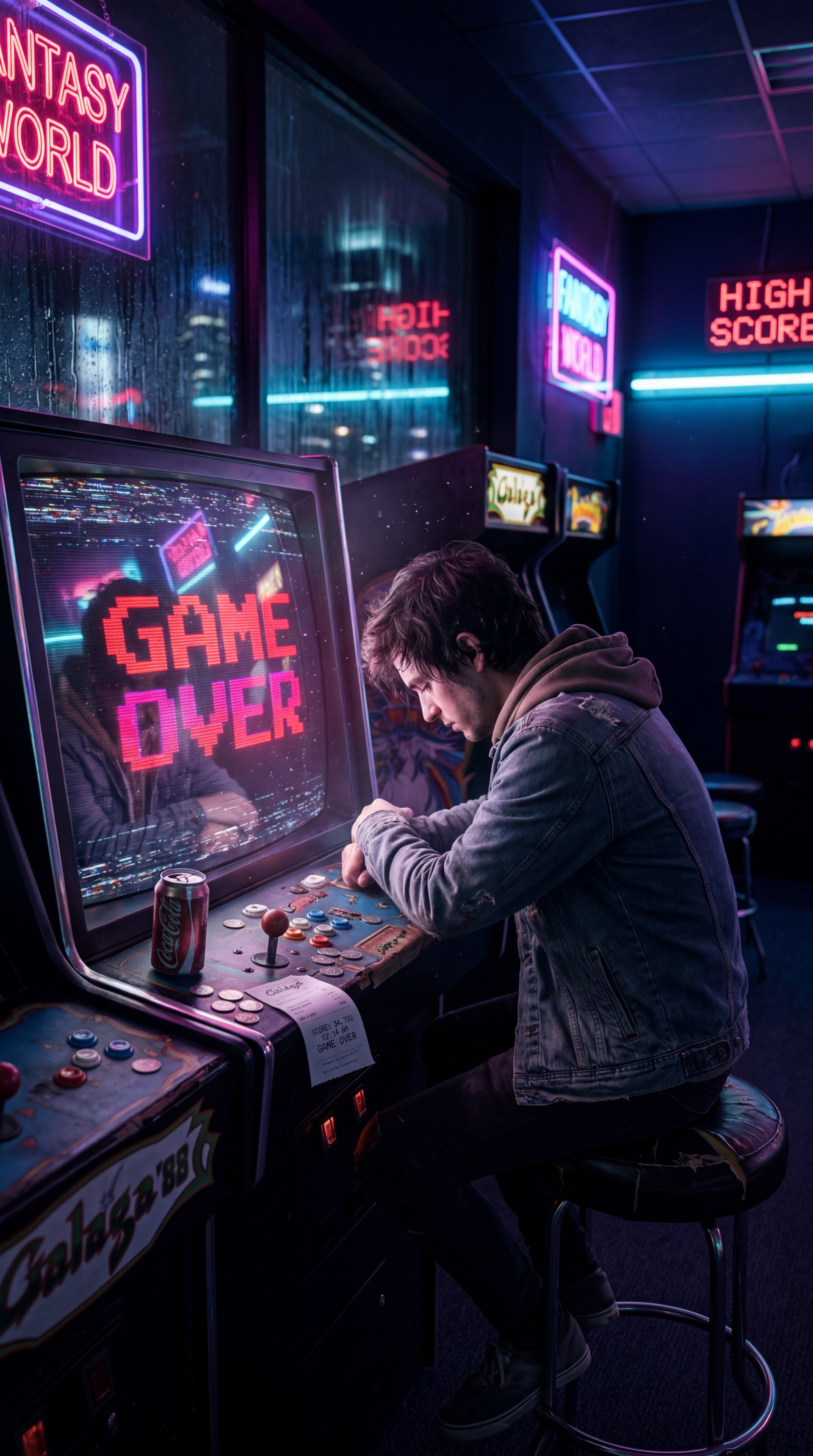 Phone wallpaper of a moody arcade: a player slumps at a cabinet with GAME OVER on screen, neon signs and rain-streaked windows glowing in purple-blue.