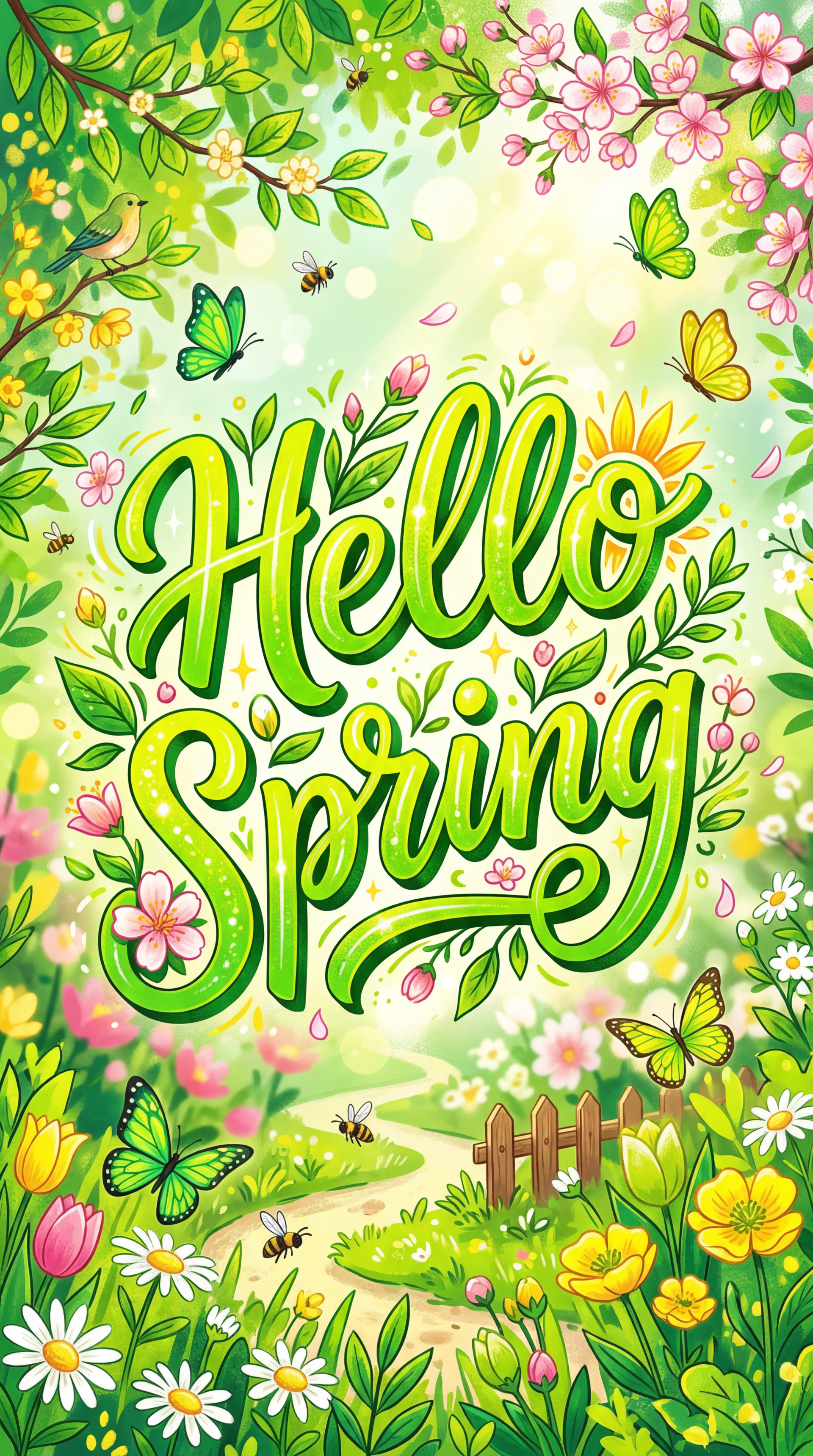 Phone wallpaper that reads Hello Spring surrounded by lush green leaves, blooming flowers, butterflies, bees, a sunny glow and a quaint garden path.