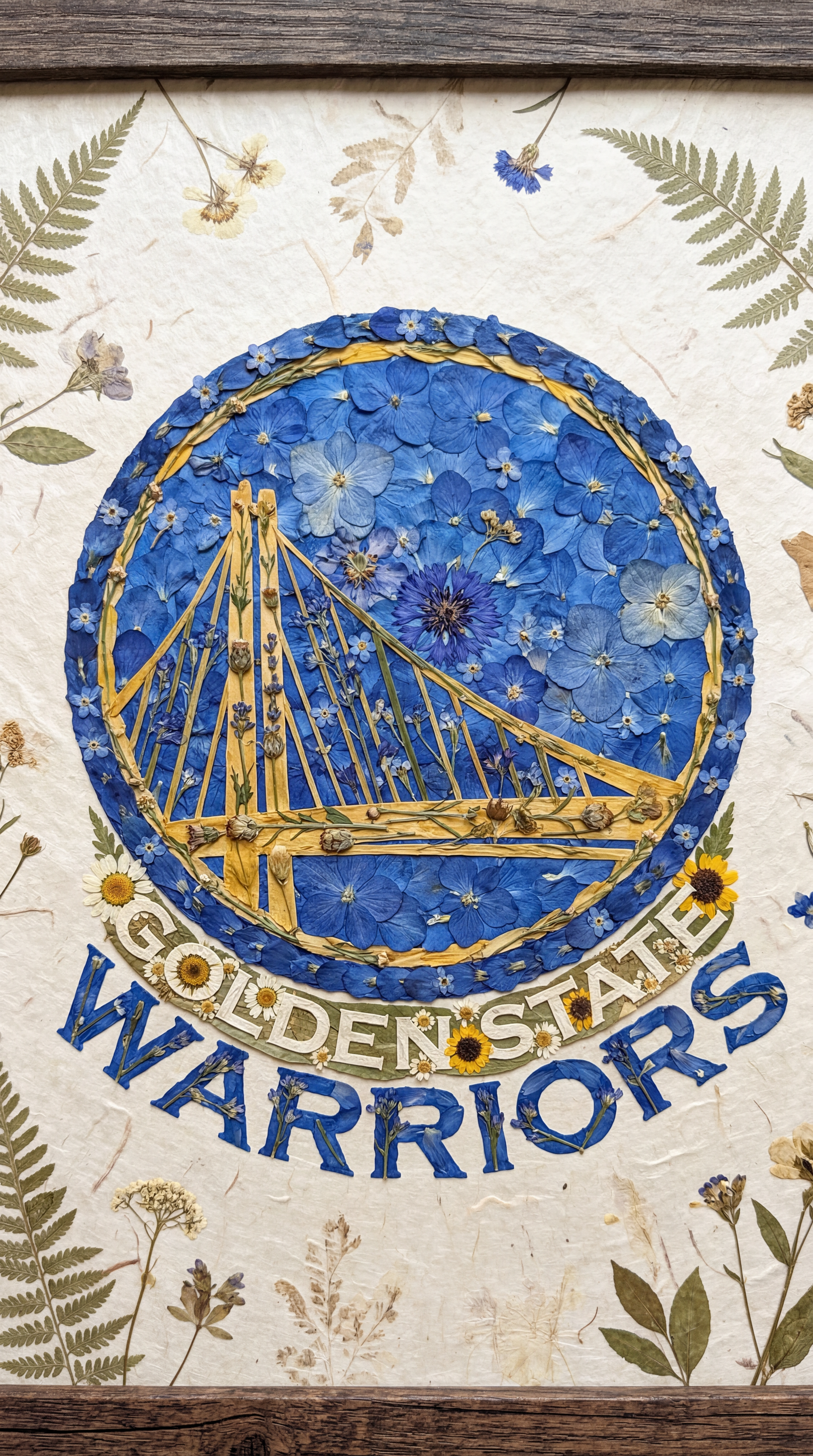 Phone wallpaper of a floral Golden State Warriors logo: gold Bay Bridge silhouette within a blue flower circle, team name below and a pressed-plant border.