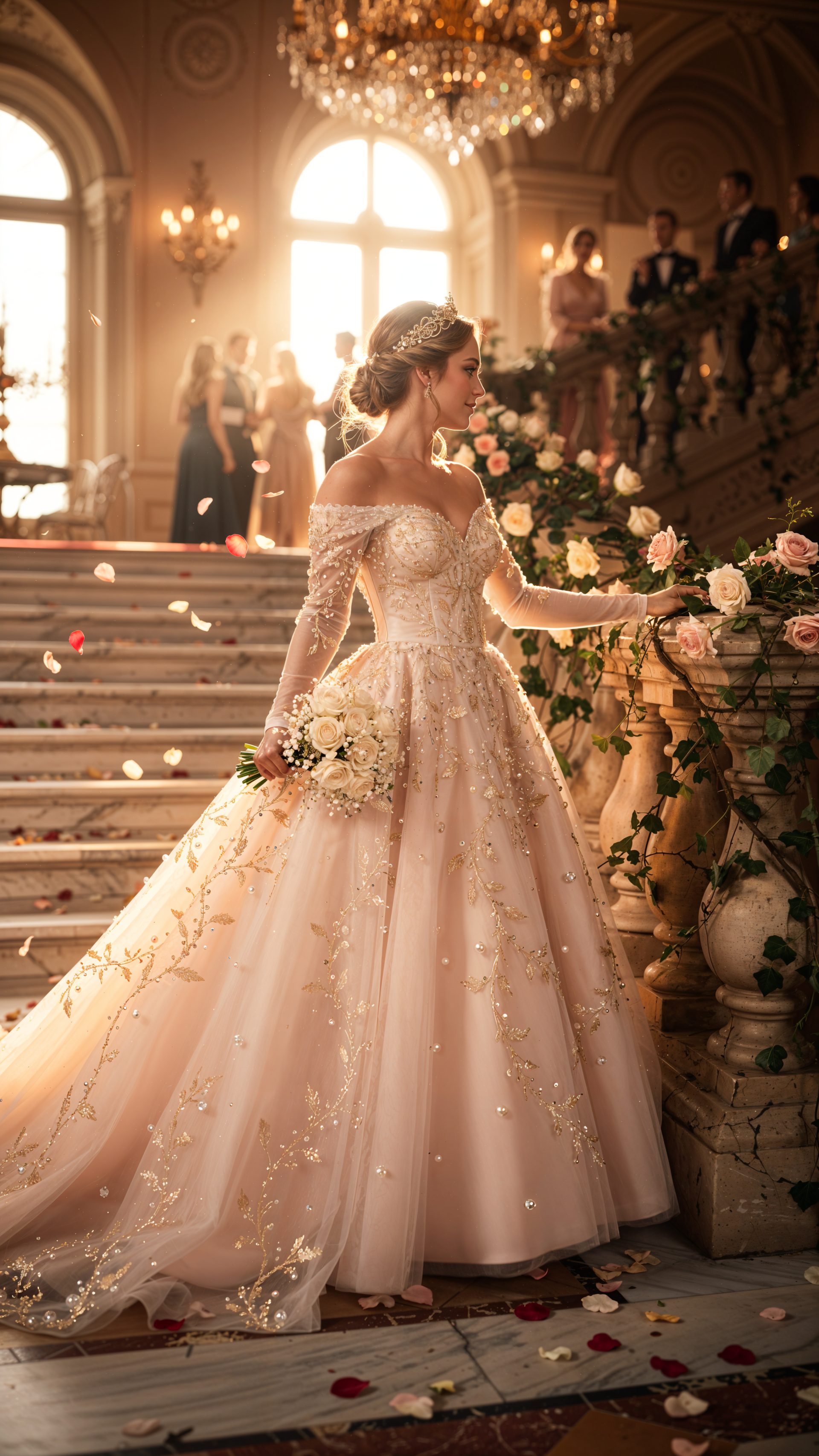 Phone wallpaper of a woman in a princess dress on a grand staircase, holding a bouquet amid rose petals, bathed in golden light beneath a crystal chandelier in an opulent ballroom.