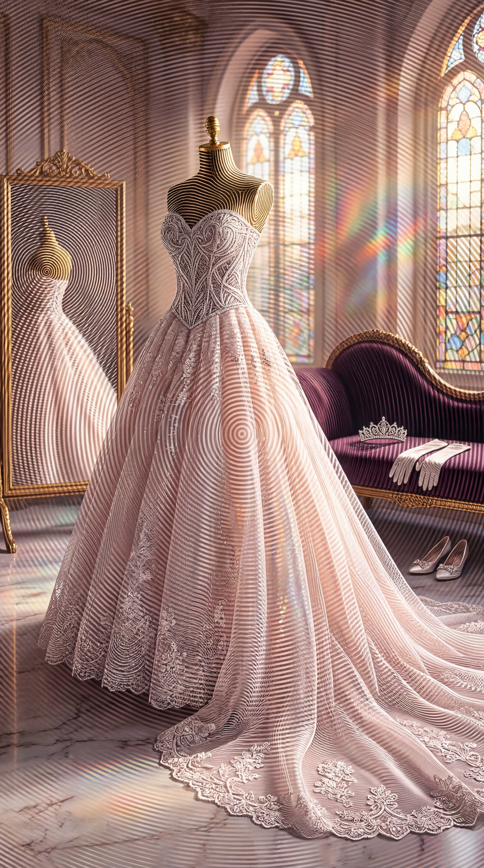 Phone wallpaper of a blush princess dress on a mannequin in a sunlit, cathedral-like dressing room with mirror, tiara, and shoes.