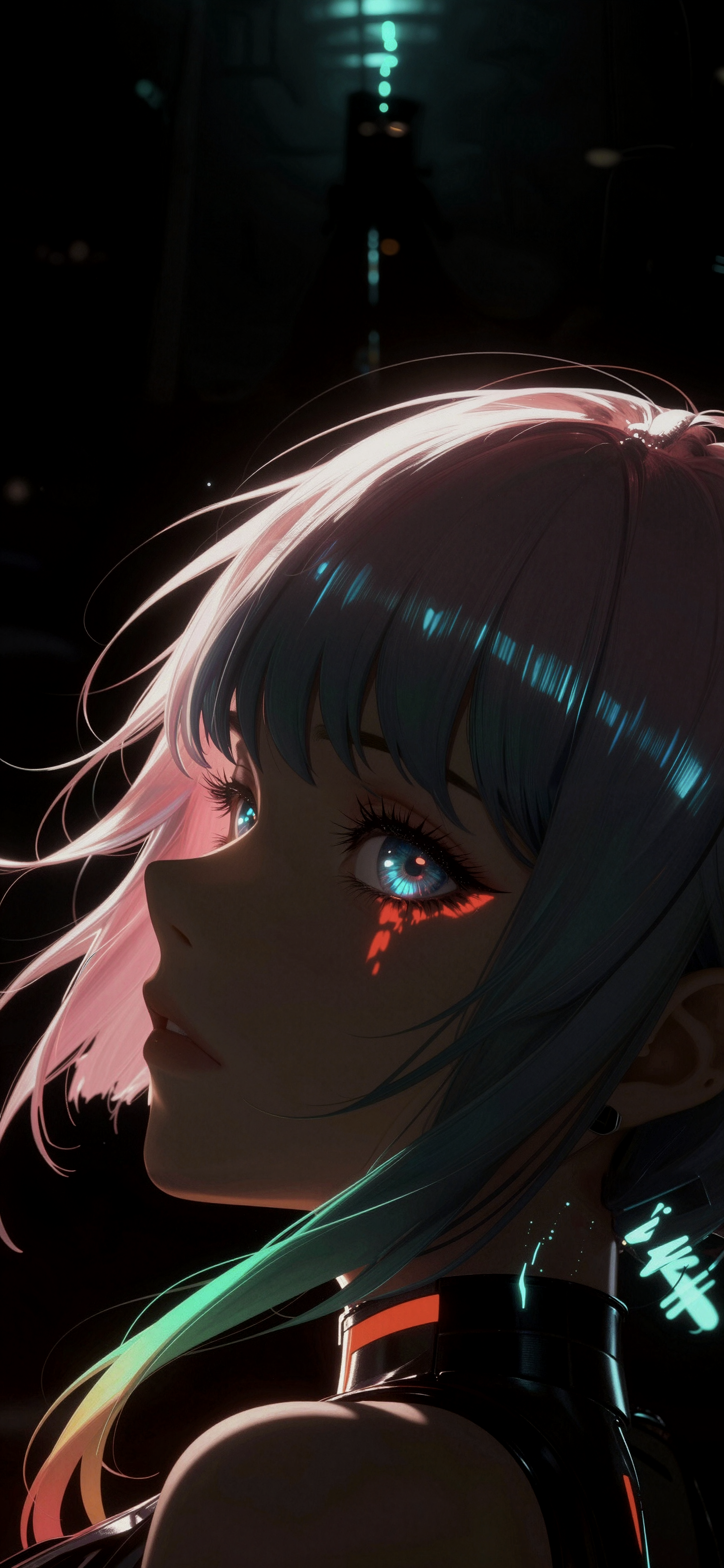 Phone wallpaper of Lucy from Cyberpunk: Edgerunners — anime neon profile with pastel hair, a glowing cybernetic eye and vibrant neon accents against a dark futuristic backdrop.