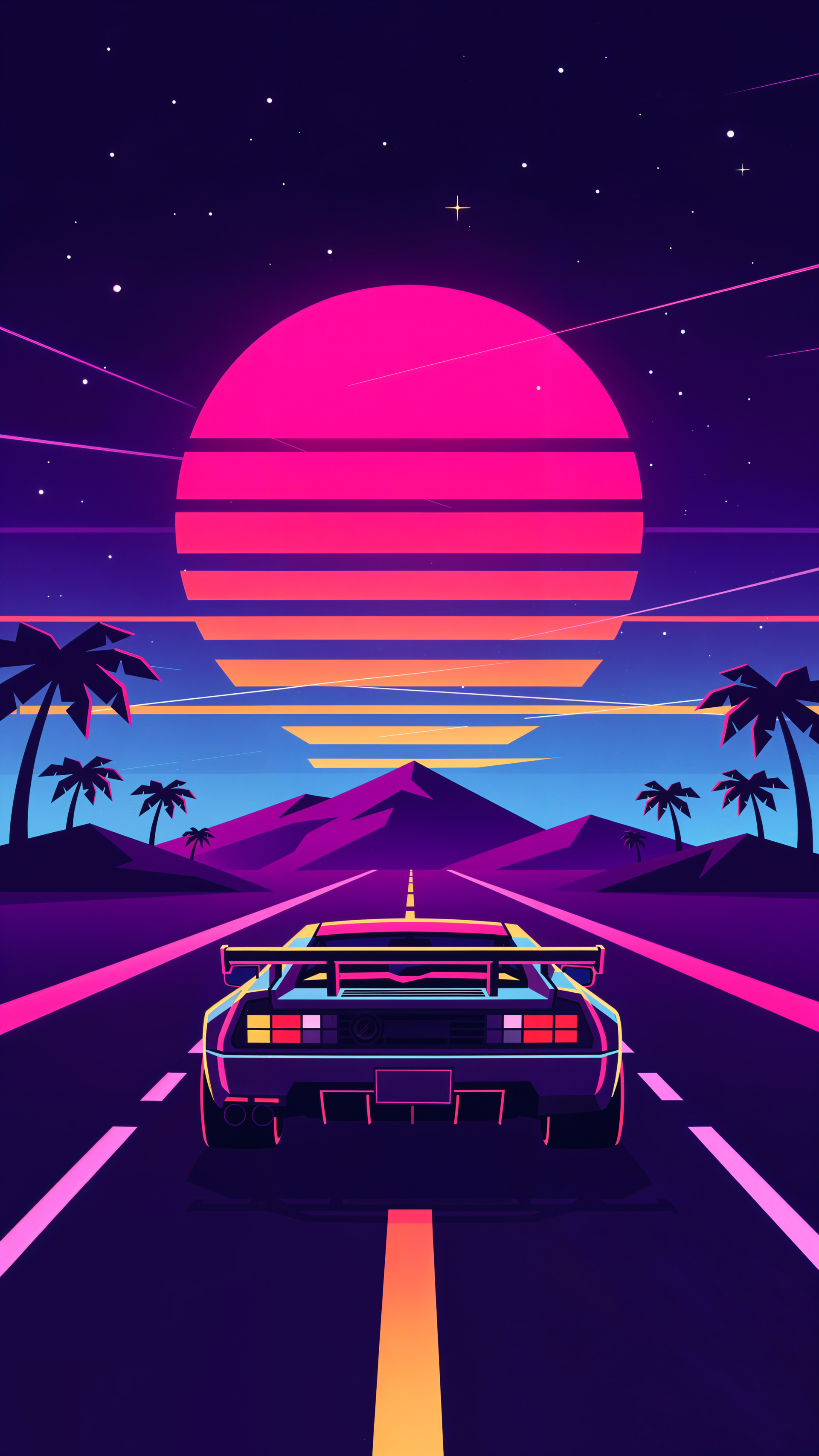 Outrun phone wallpaper: rear view of a neon sports car driving down a palm-lined highway toward a striped magenta sun over purple mountains and a starry sky.