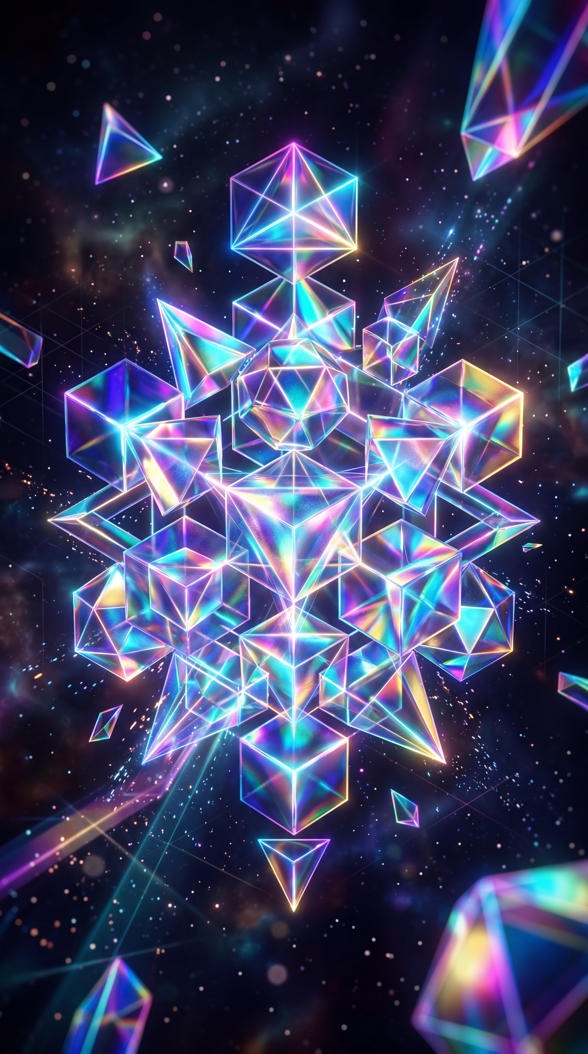 Phone wallpaper showcasing geometry: glowing iridescent 3D cubes and pyramids arranged in a crystalline, starburst cluster against a dark starfield.