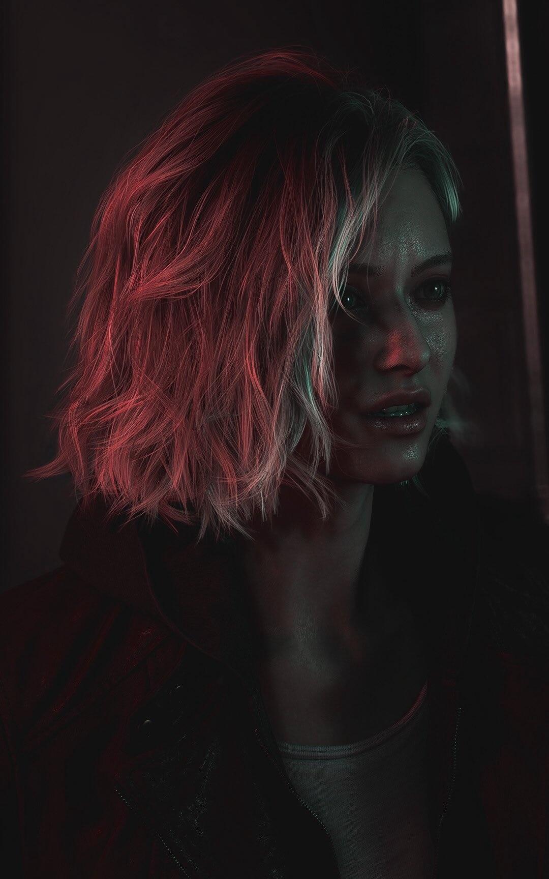 Phone wallpaper of Grace Ashcroft from the Resident Evil Requiem video game: close-up with short blonde hair, moody red-green lighting, and a tense, shadowed expression.