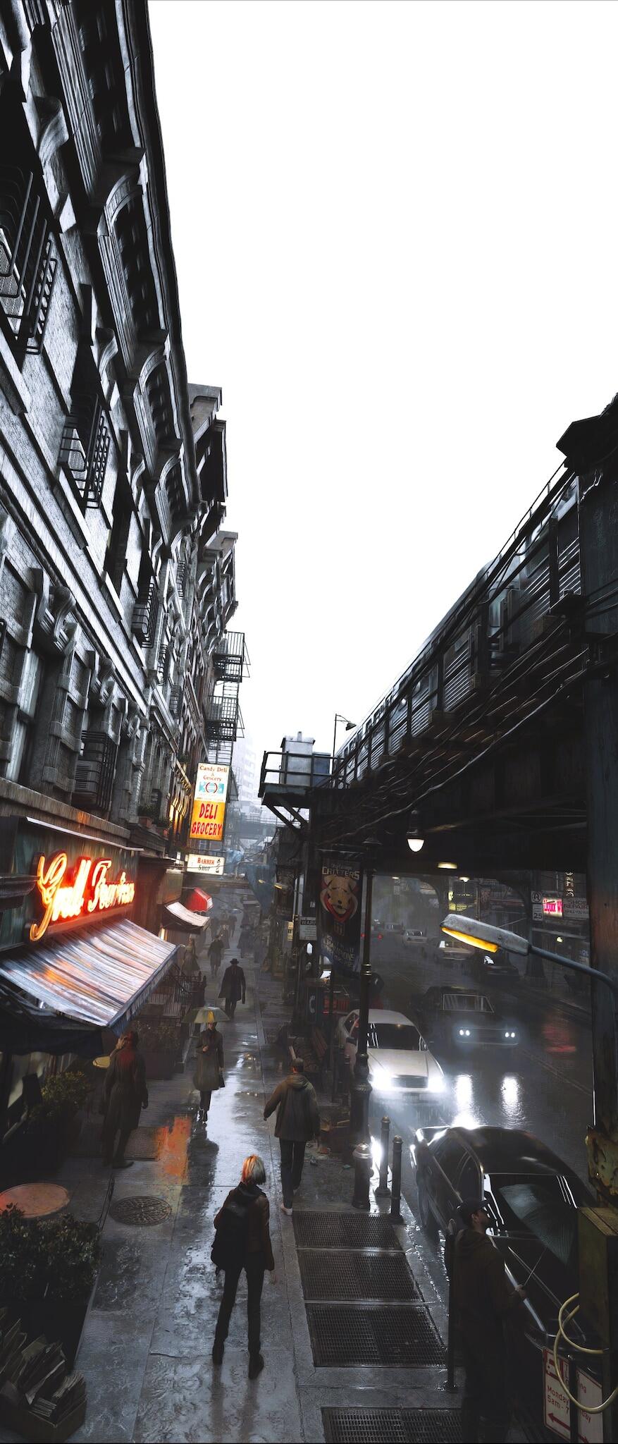Phone wallpaper: rainy, neon-lit city street under elevated tracks; moody Resident Evil Requiem scene with Grace Ashcroft walking through crowds.