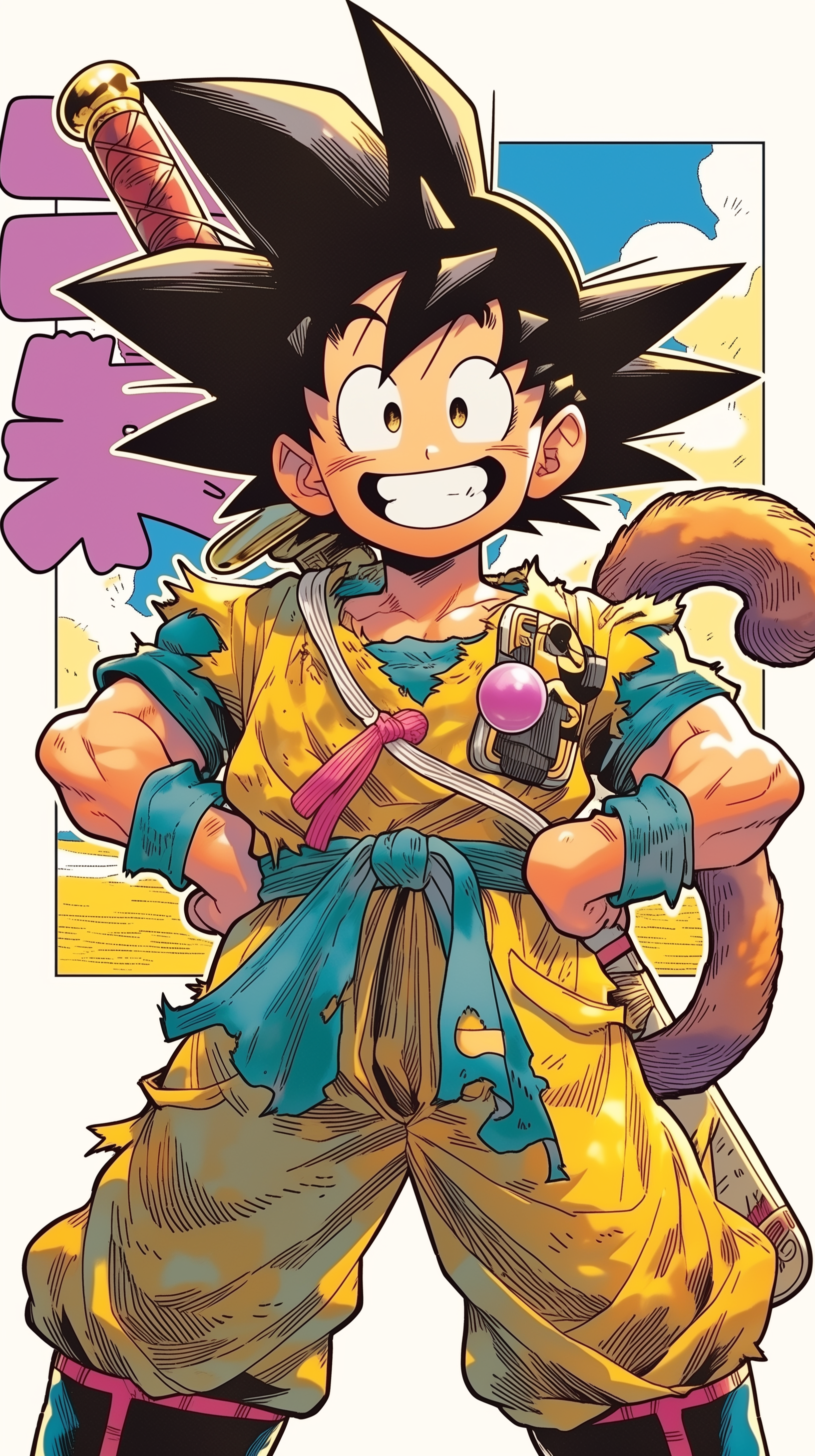 Phone wallpaper of Anime Dragon Ball Goku: young Goku grinning with sword on his back, furry tail and torn yellow gi, vibrant colors on a white anime-style background.