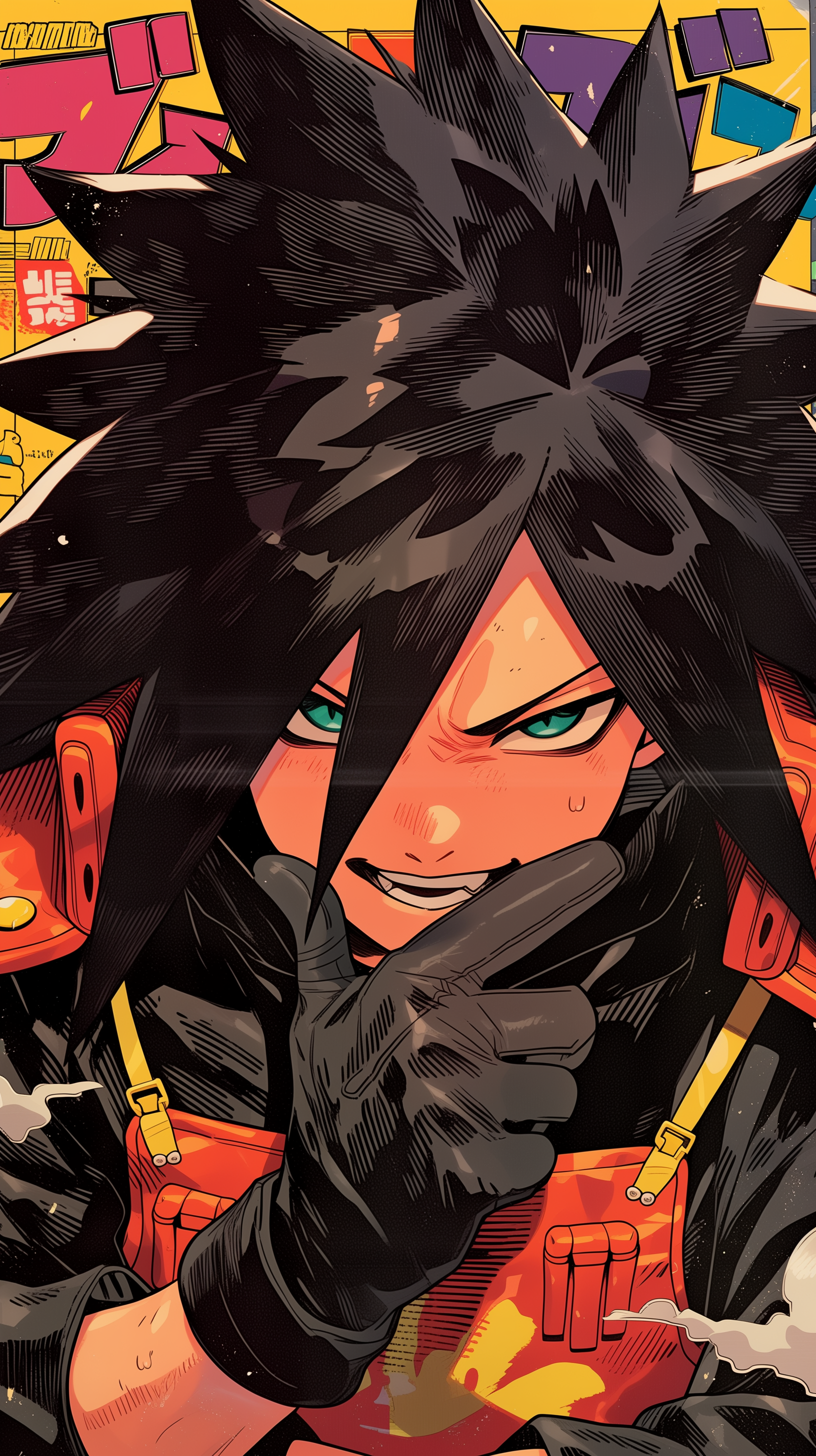 Retro anime-style phone wallpaper of Naruto villain Madara Uchiha, smirking with spiky hair, teal eyes, gloved hand to chin and armored red accents against a bold yellow background.