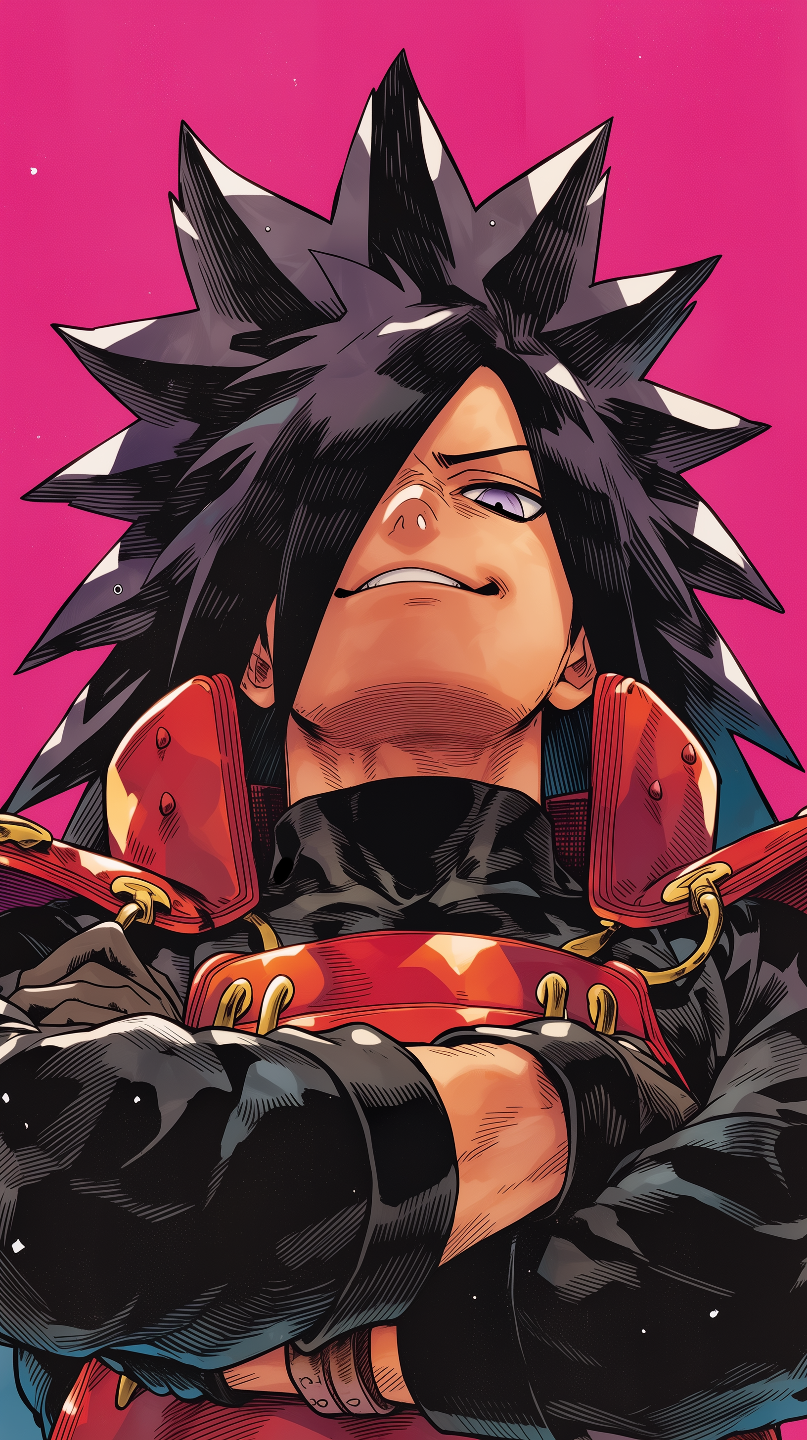 Pink anime phone wallpaper of Madara Uchiha from Naruto, smirking with arms crossed, spiky black hair and red armor in a bold villainous pose.
