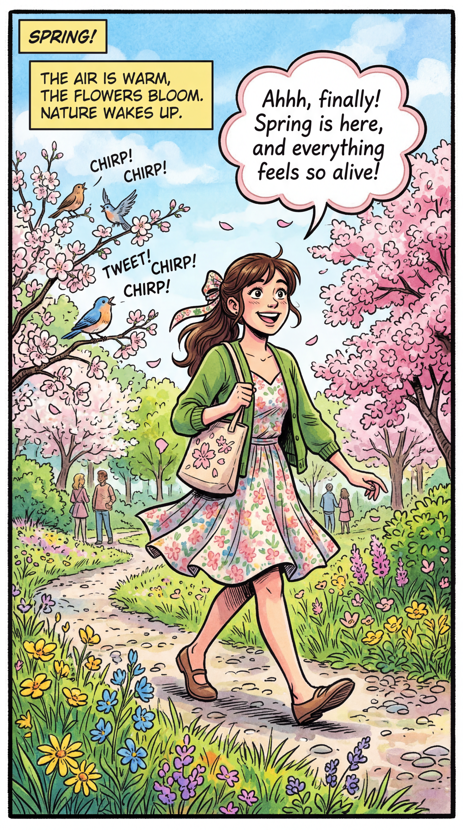 Phone wallpaper: vibrant spring comic scene of a smiling woman in a floral dress walking along a blossom-lined path, birds chirping, colorful wildflowers and pink trees under blue sky.