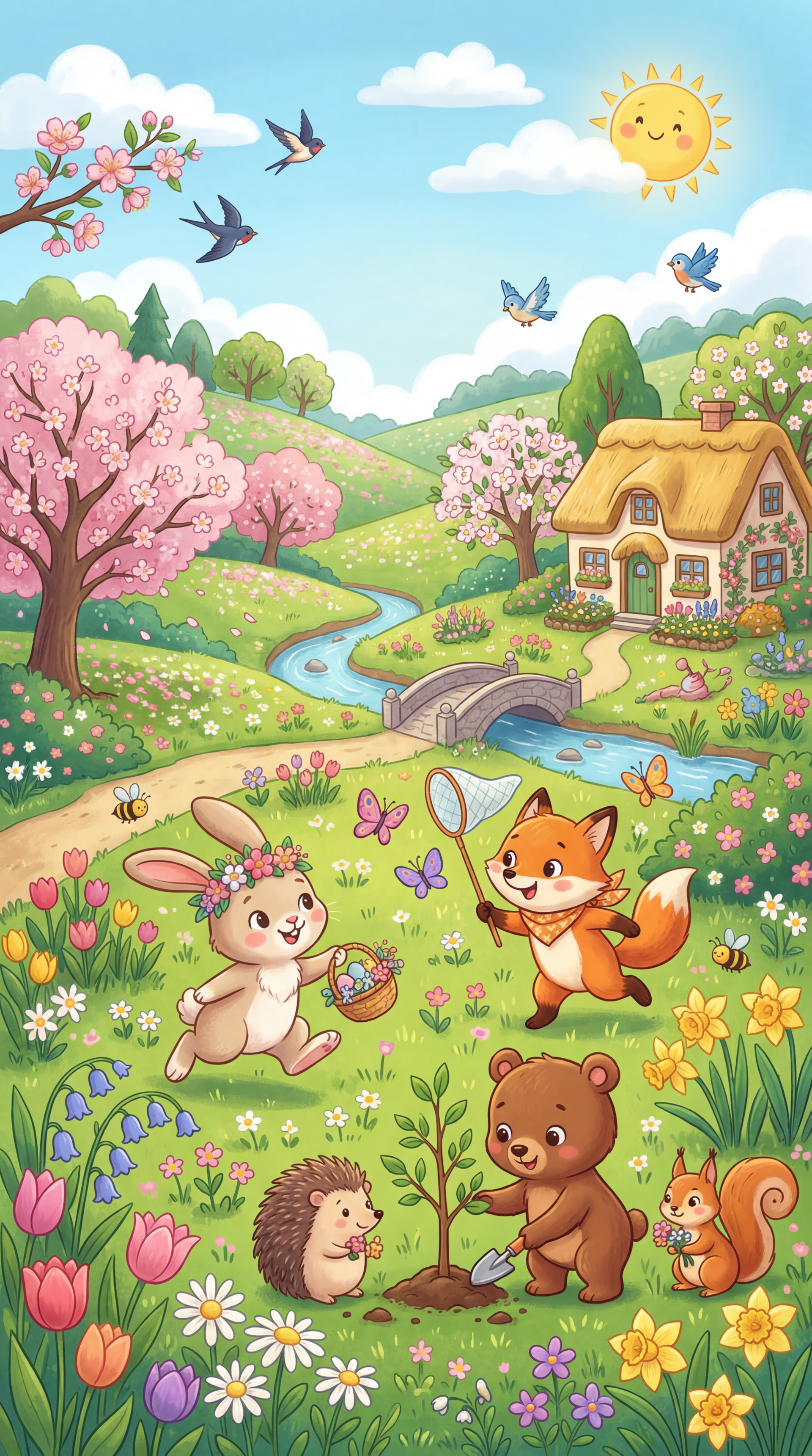 Cute spring phone wallpaper: a bunny, fox, bear, hedgehog and squirrel play and plant flowers in a blossoming meadow by a cozy cottage, meandering stream and sunny sky.