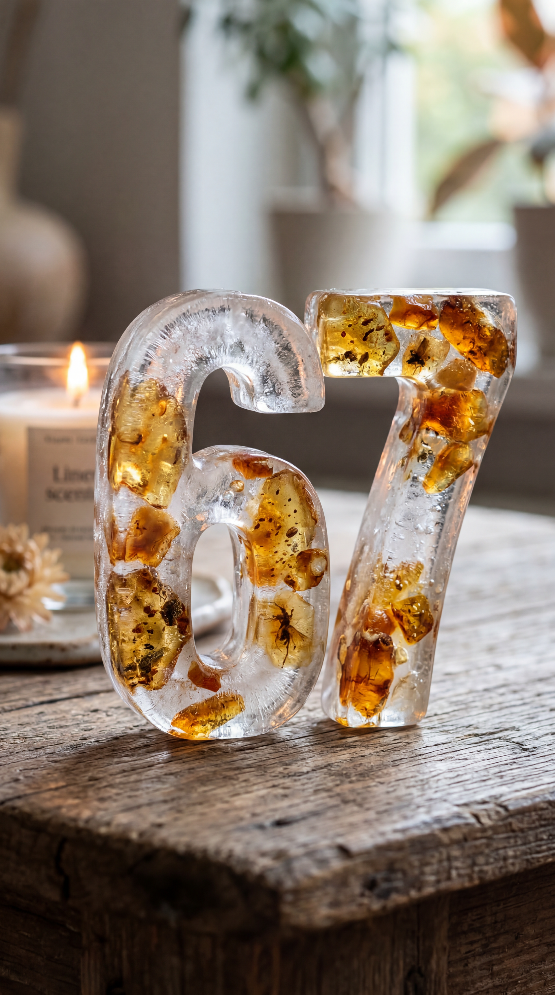 Phone wallpaper tagged 67: clear resin numbers 67 filled with amber petals on a weathered wooden table, warm candlelight and soft window bokeh in the blurred background.