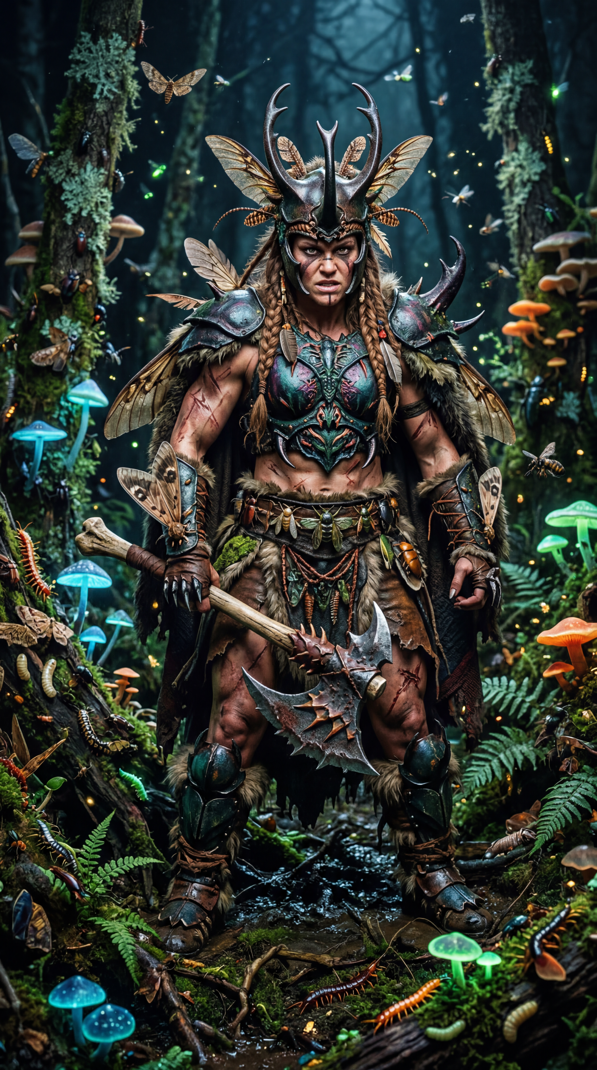 Phone wallpaper of a fierce barbarian in horned armor and furs, gripping a bone-bladed axe while standing in a glowing, mushroom-filled forest.