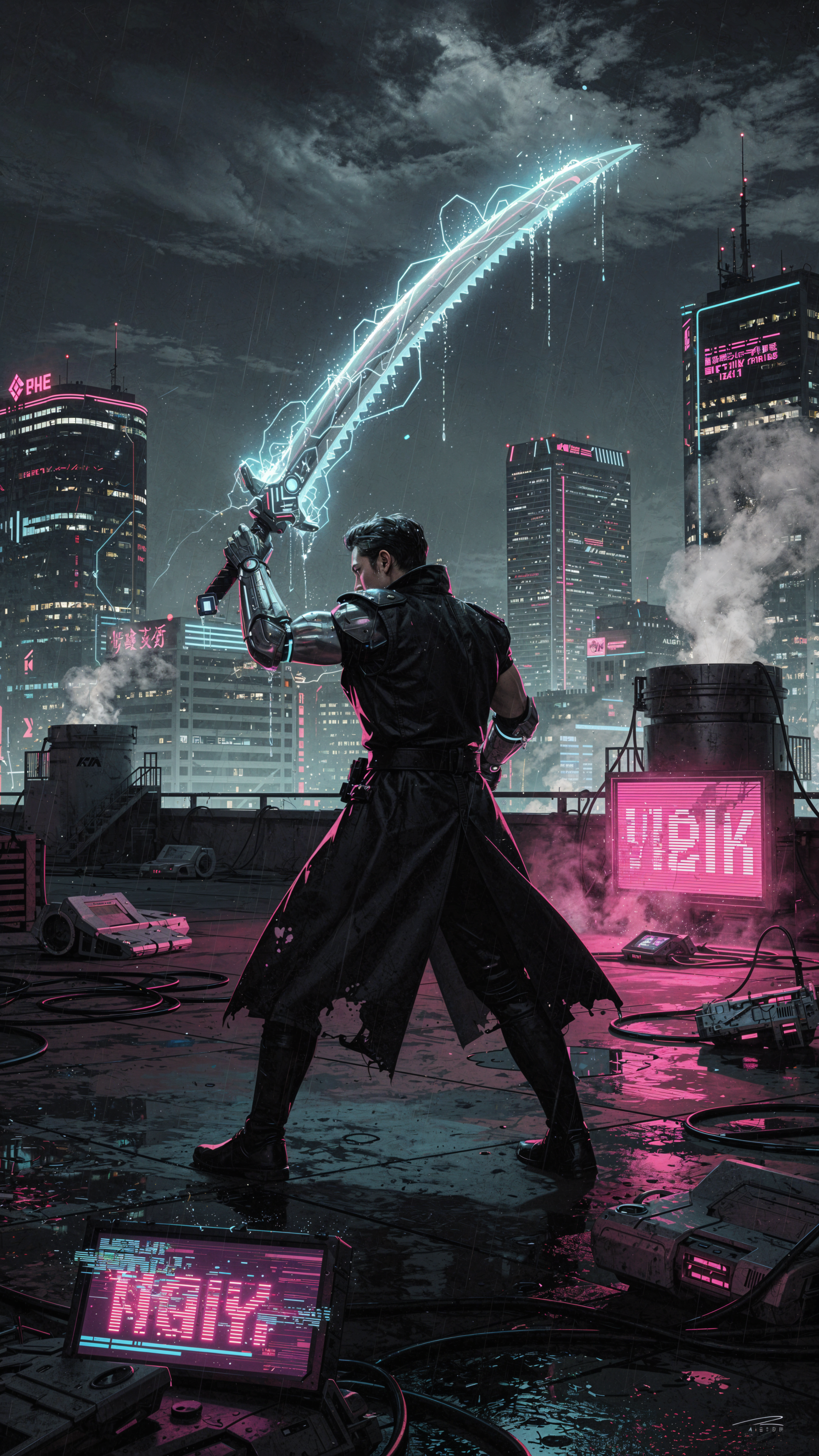 Phone wallpaper of a cloaked figure on a rainy rooftop, raising a luminous energy sword against a neon-drenched cyberpunk city skyline.