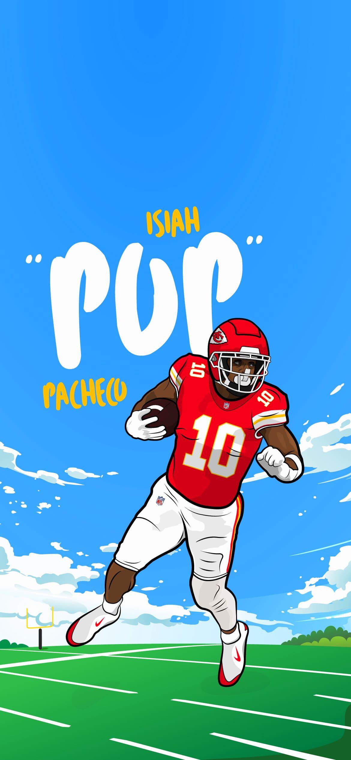 Phone wallpaper illustration of a Kansas City Chiefs running back in a red No.10 jersey sprinting on a sunny football field with bold stylized Puc lettering in the sky.