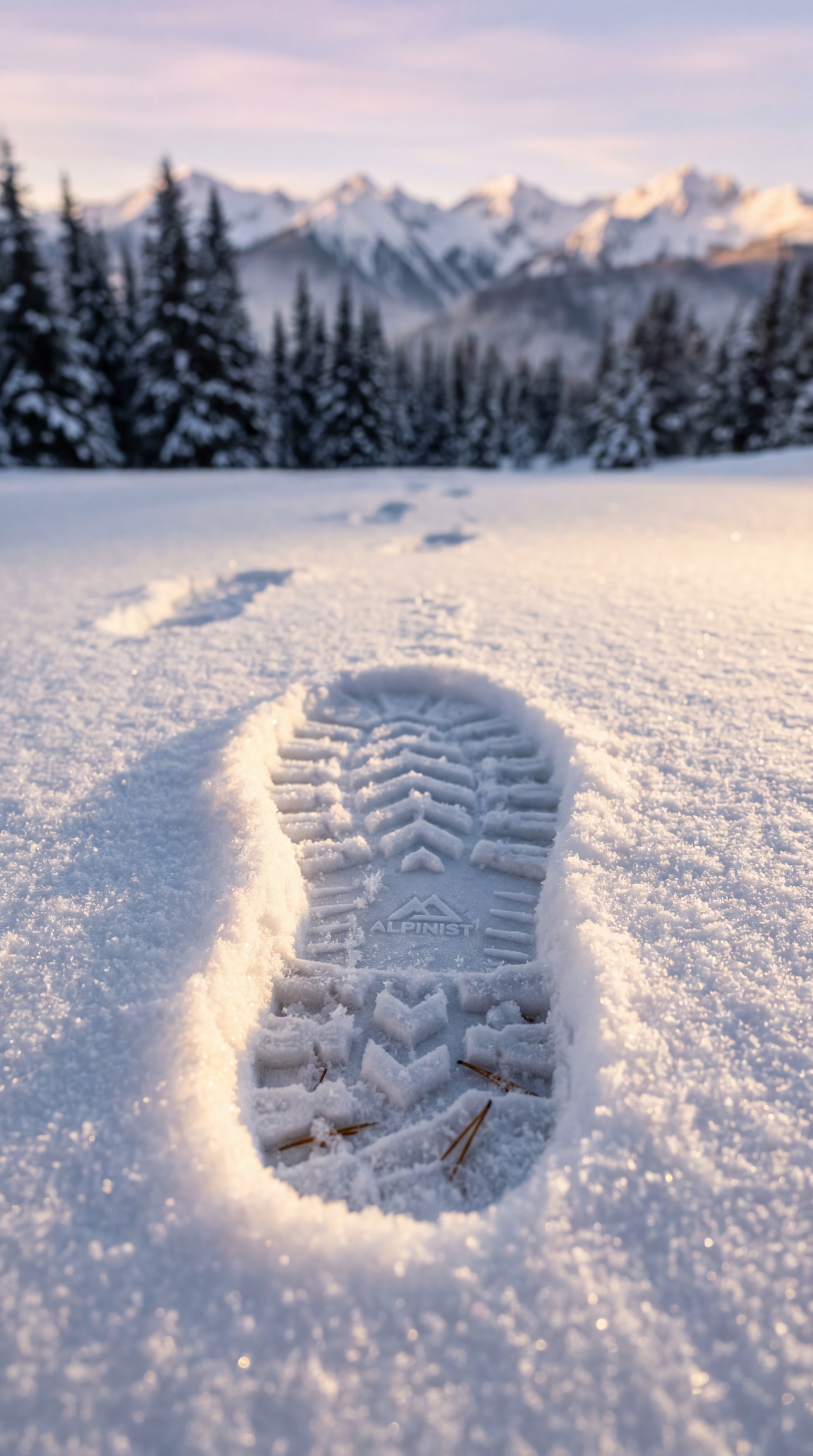 Phone wallpaper showing a close-up boot print pressed into fresh snow, trailing toward snow-covered pines and sunlit mountain peaks under a pastel sky.