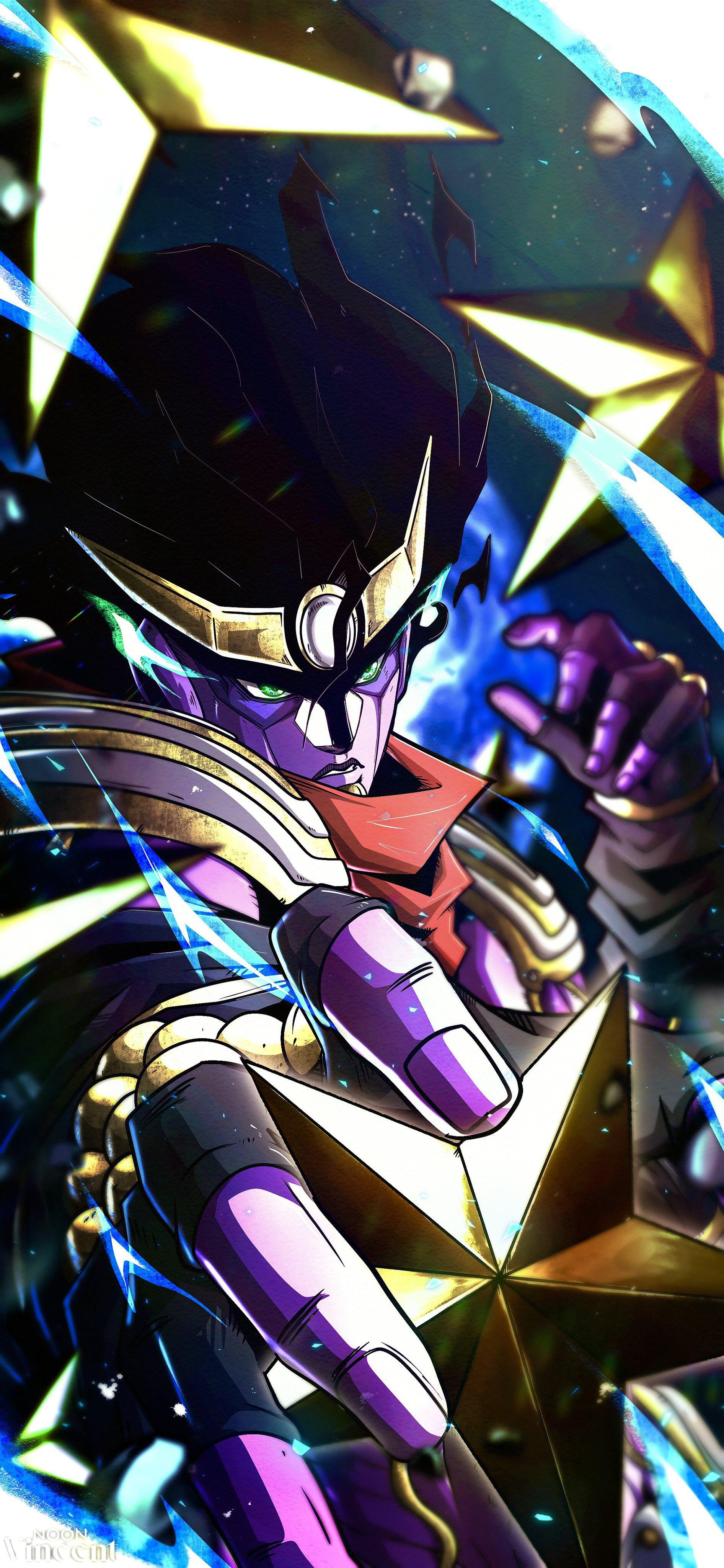Phone wallpaper featuring Star Platinum from JoJo's Bizarre Adventure — dynamic purple-hued pose, gold star motifs, blue energy streaks and dramatic lighting.