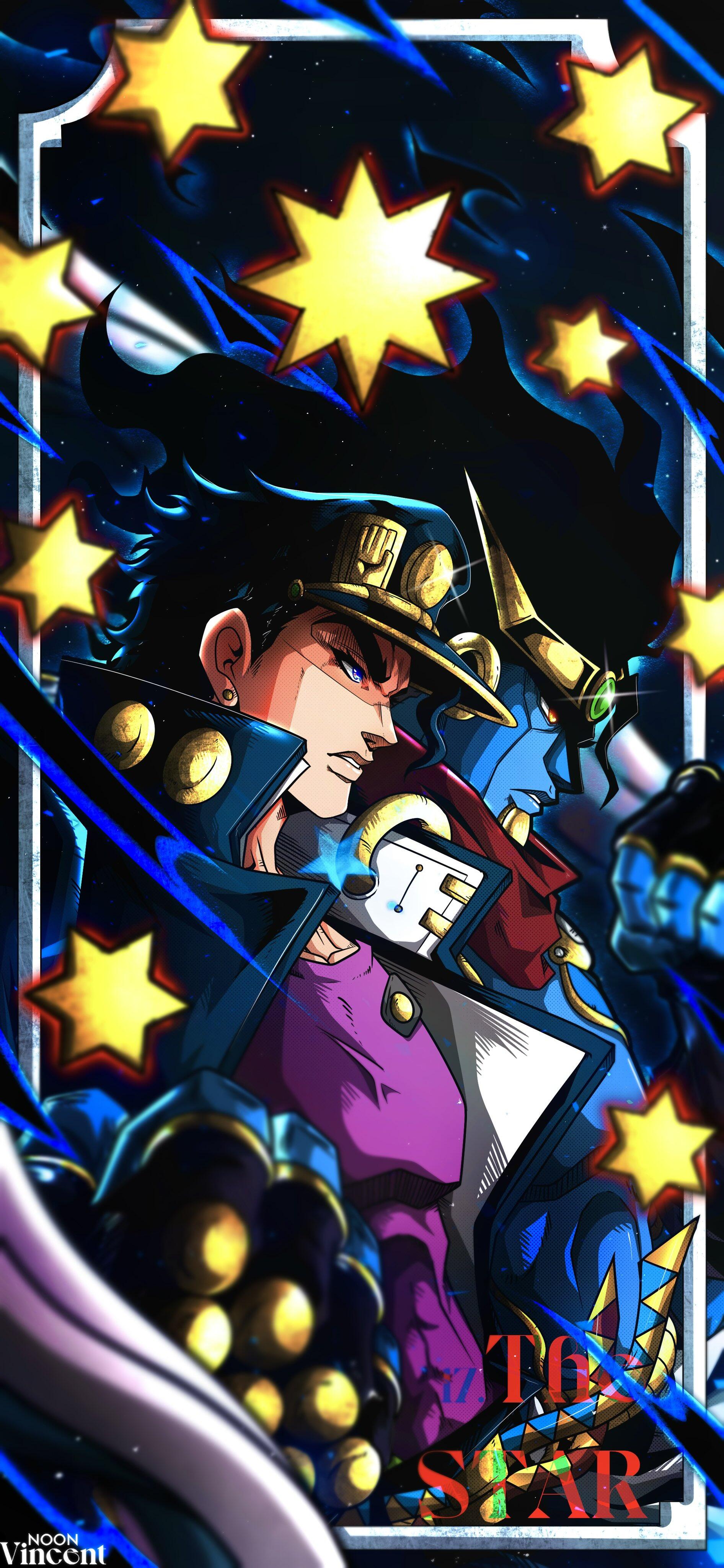 Phone wallpaper of Jotaro Kujo (JoJo's Bizarre Adventure) and his Stand Star Platinum in a dramatic pose, surrounded by glowing yellow stars and crackling blue energy streaks.