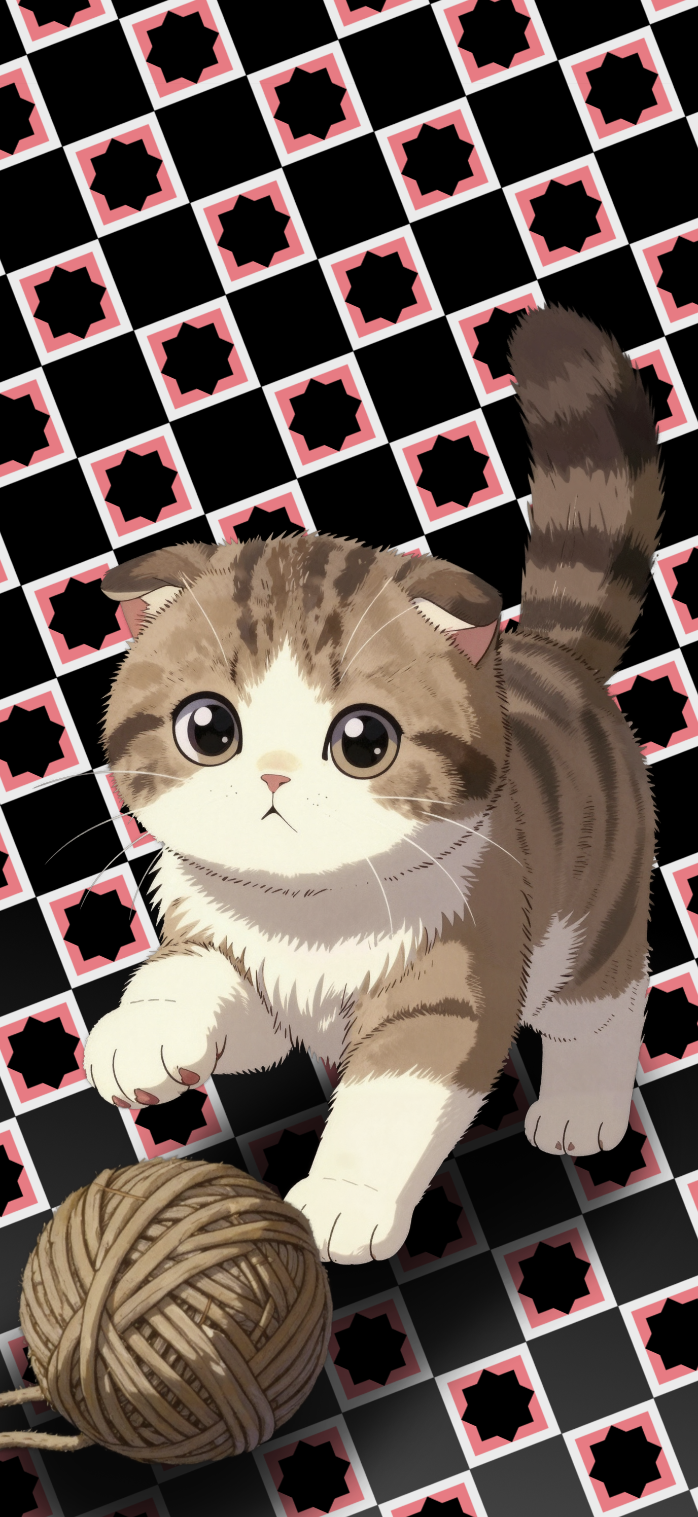 Phone wallpaper showing a wide-eyed Scottish Fold kitten cat batting a yarn ball on a black-and-pink geometric background.