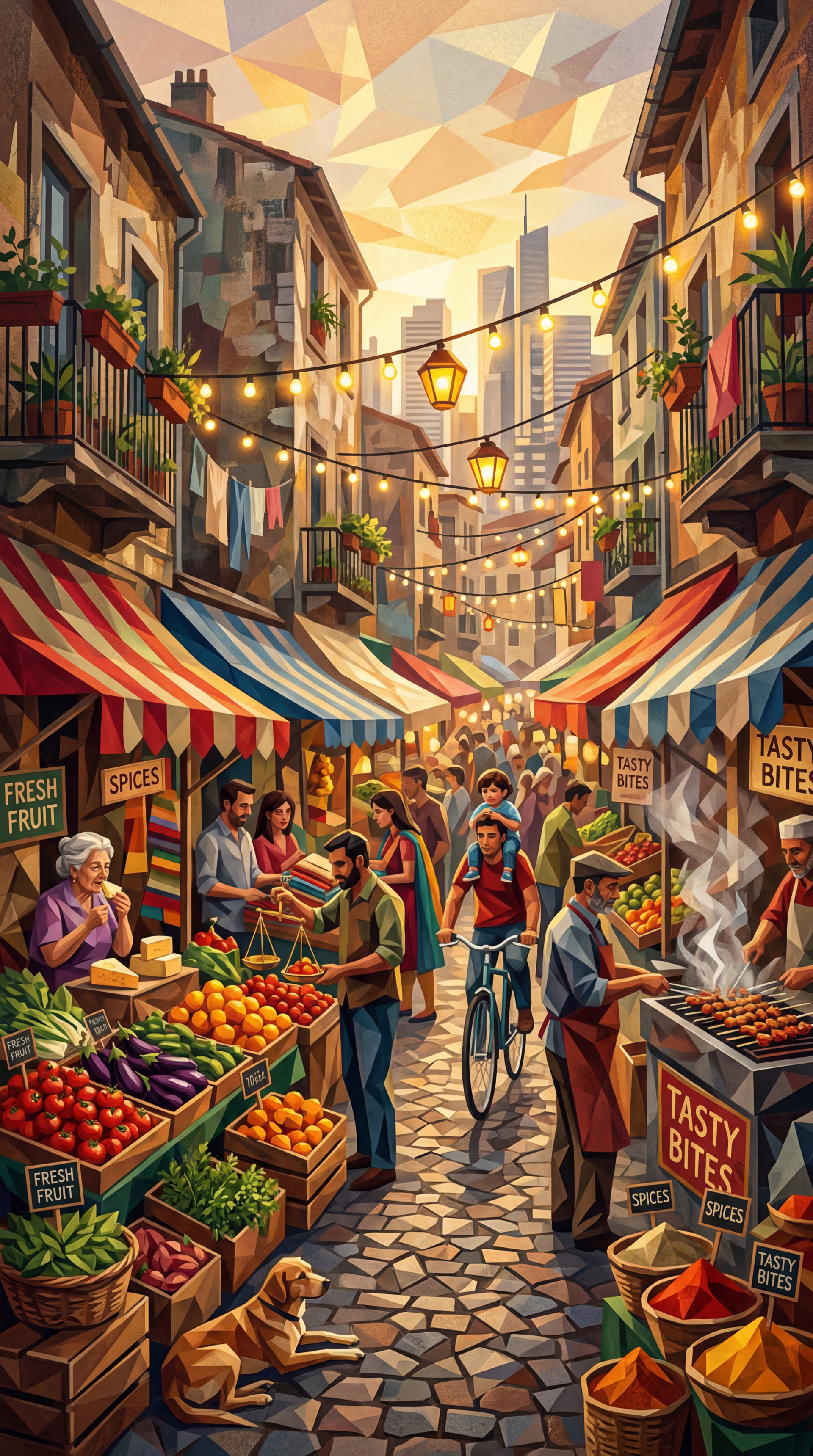 Phone wallpaper of a colorful, bustling street market on a cobbled alley: stalls of fresh produce, hanging lights, balconies, vendors and a cyclist weaving through the crowd.