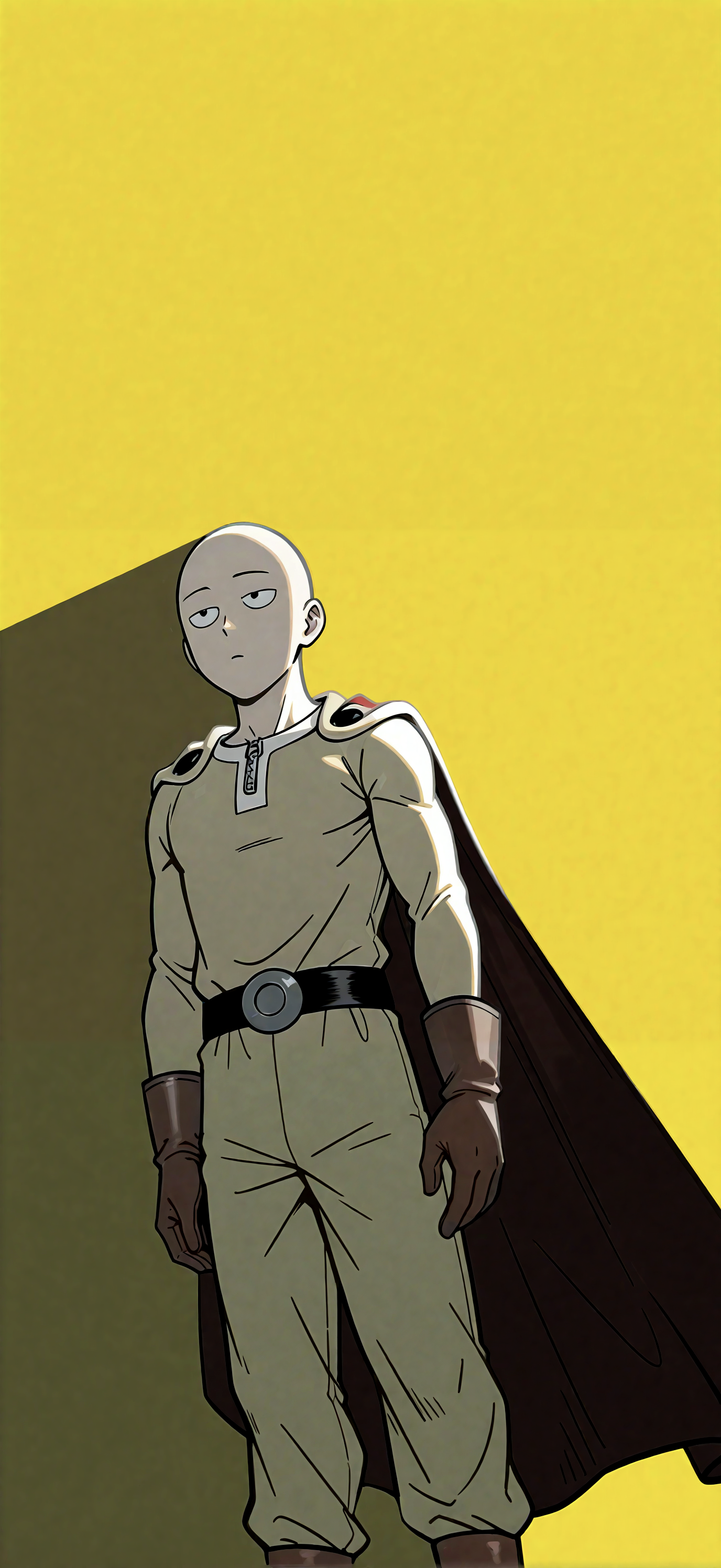 Phone wallpaper of Saitama (One-Punch Man), the caped baldy, standing full-body against a bold yellow background with a long shadow and neutral expression.