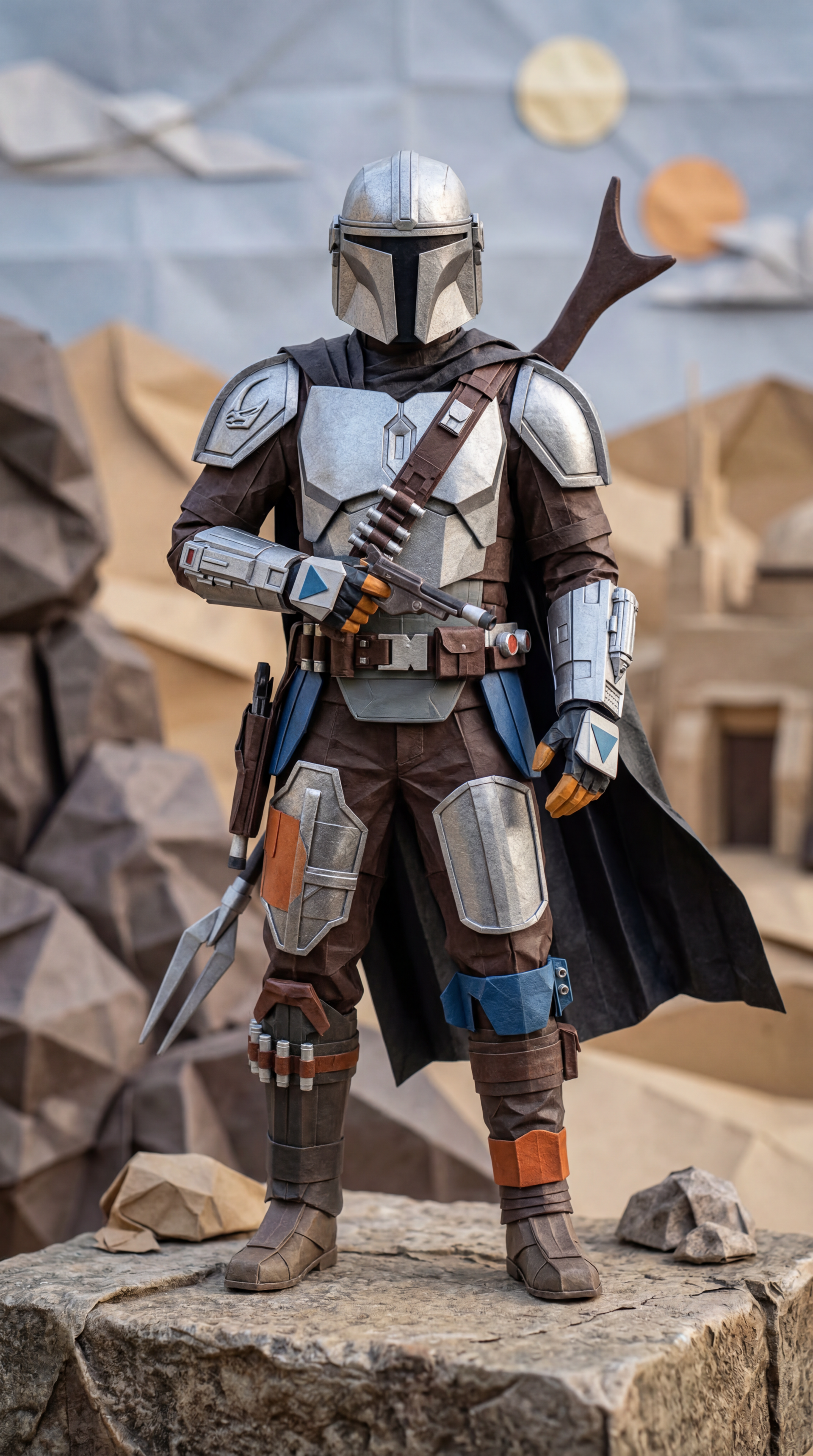 Phone wallpaper featuring The Mandalorian in beskar armor, standing on a rocky ledge holding his rifle and blaster against a stylized desert backdrop.
