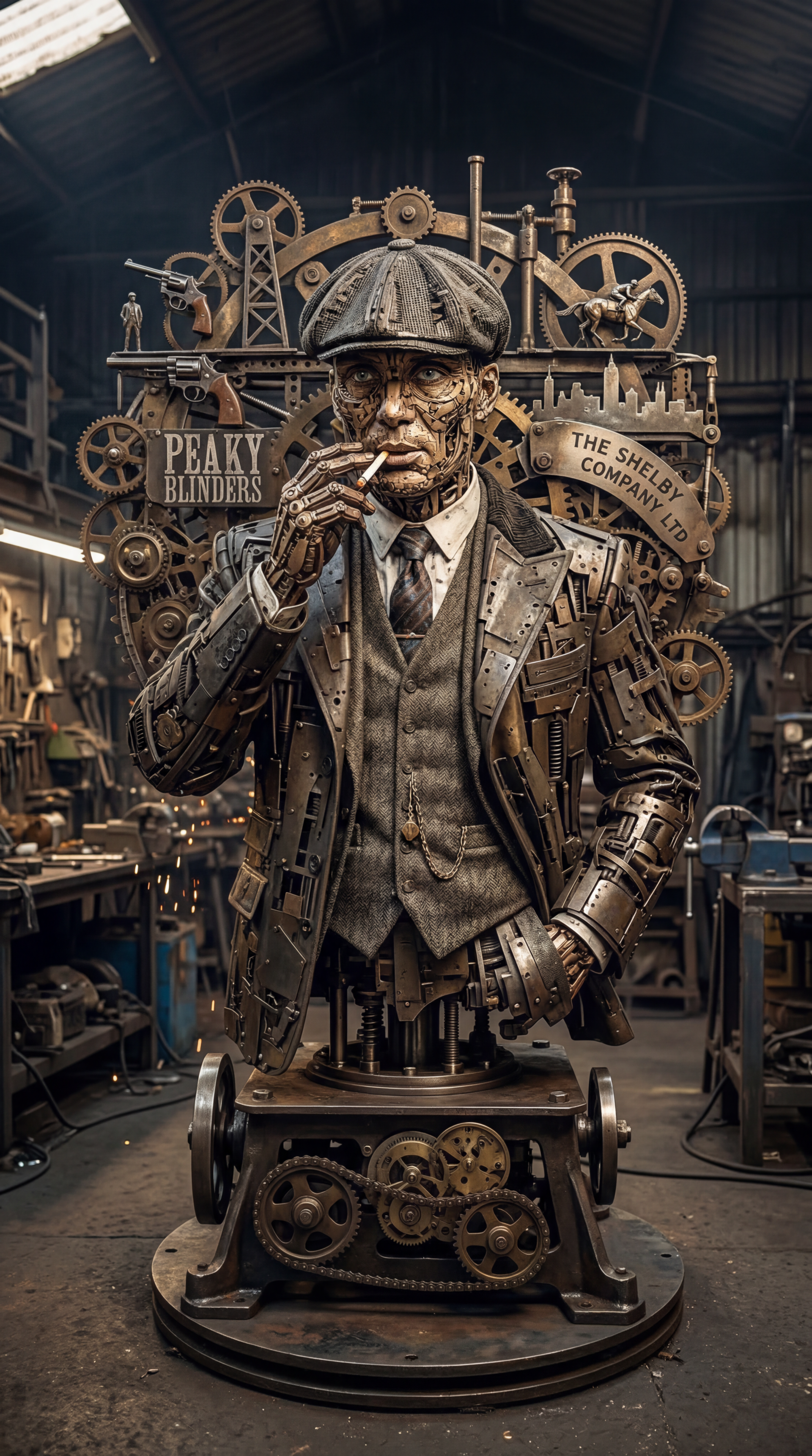 Phone wallpaper of a steampunk Thomas Shelby bust smoking amid gears and machinery, with Peaky Blinders and The Shelby Co. signage in a gritty workshop setting.