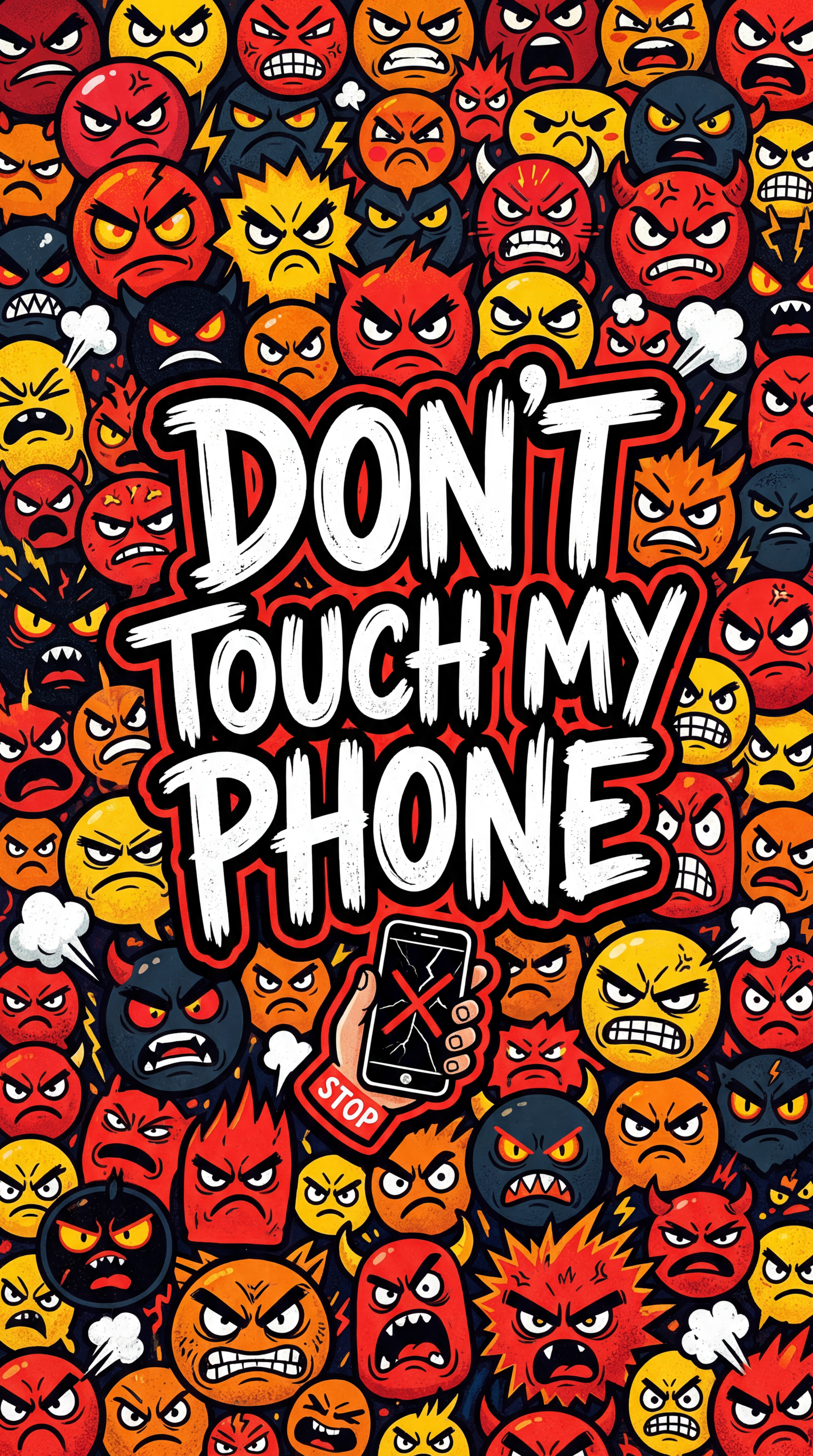 Phone wallpaper reading DON'T TOUCH MY PHONE in bold graffiti over a crowded pattern of angry red, orange and yellow faces with a cracked phone icon.